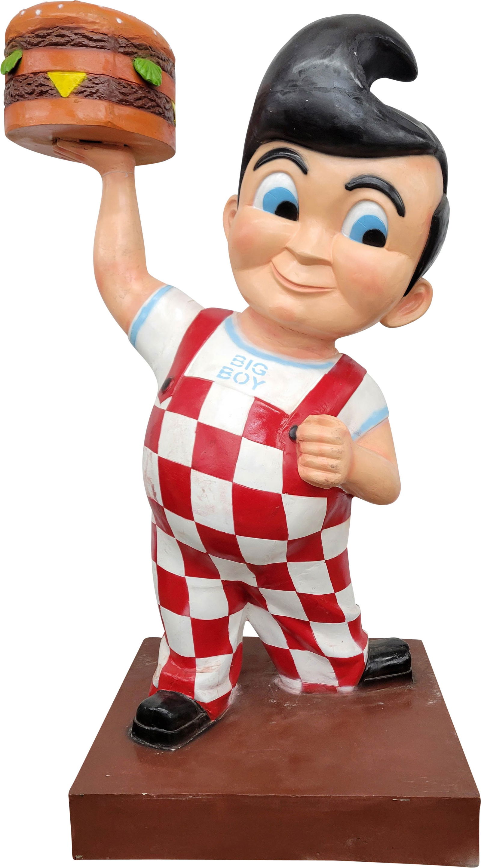 Large Bob's Big Boy Statue: 7ft tall large cast metal modern made reproduction iconic Bobs Big Boy statue on base features bright colors and good shine. There are paint marks in areas from being wrapped in storage.