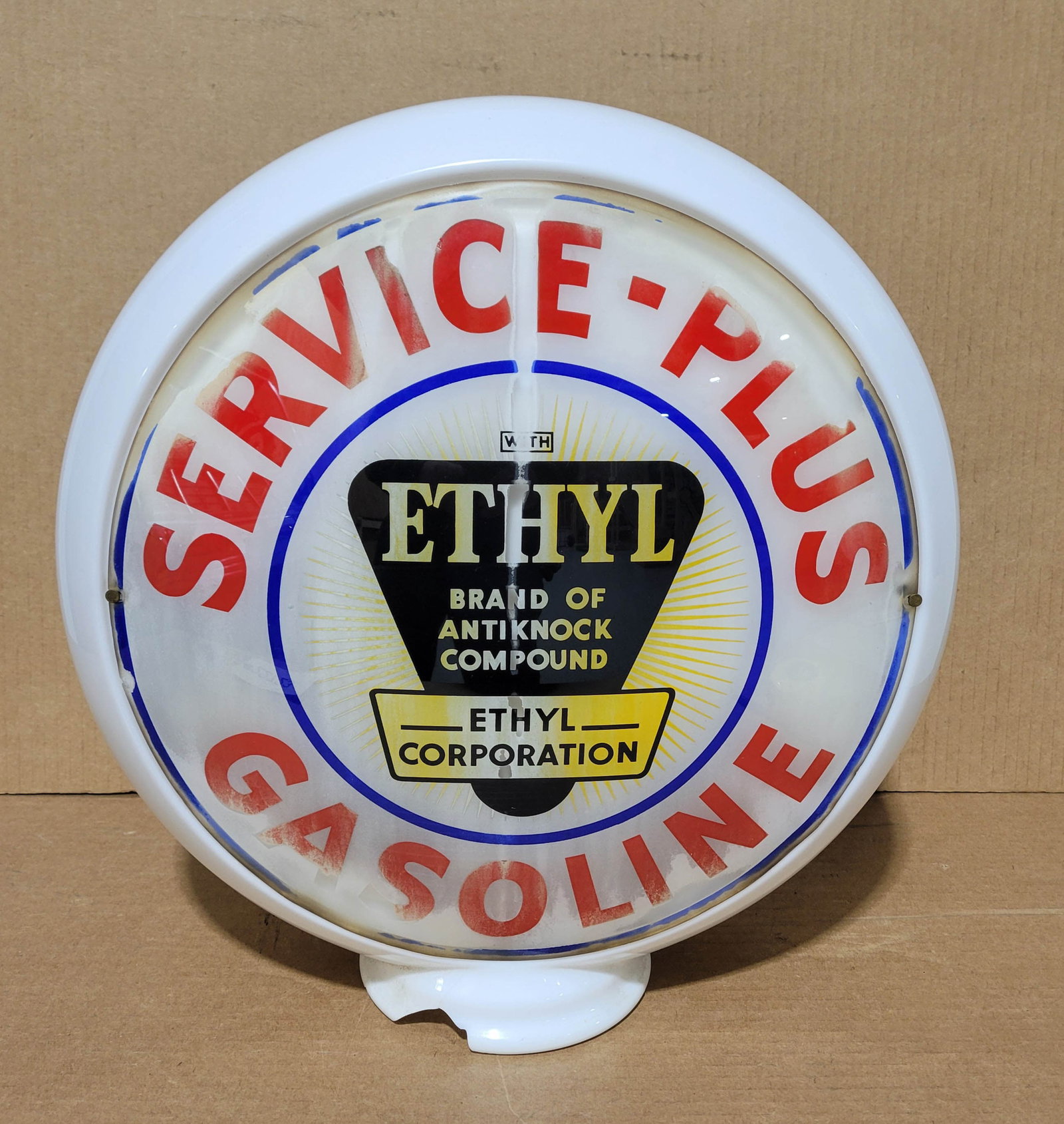 Service Plus Ethyl Gasoline Complete 13.5" Milk Glass Globe w/ Logo - 2