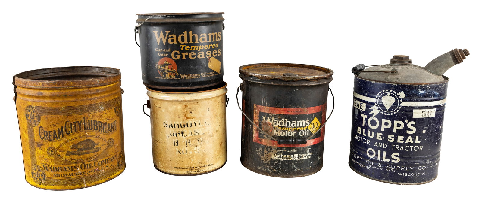 Group of Five Grease & Oil Cans Wadhams Cream City Topp's Gargoyle (1 of 2)