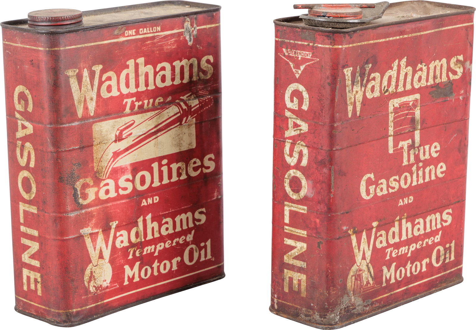 Group of Two Wadhams Gasoline & Motor Oils One Gallon Cans: Group of 2 empty one gallon Wadhams gasoline cans. The cans feature good color with both having areas of wear, discoloration and fading. Both caps are present.