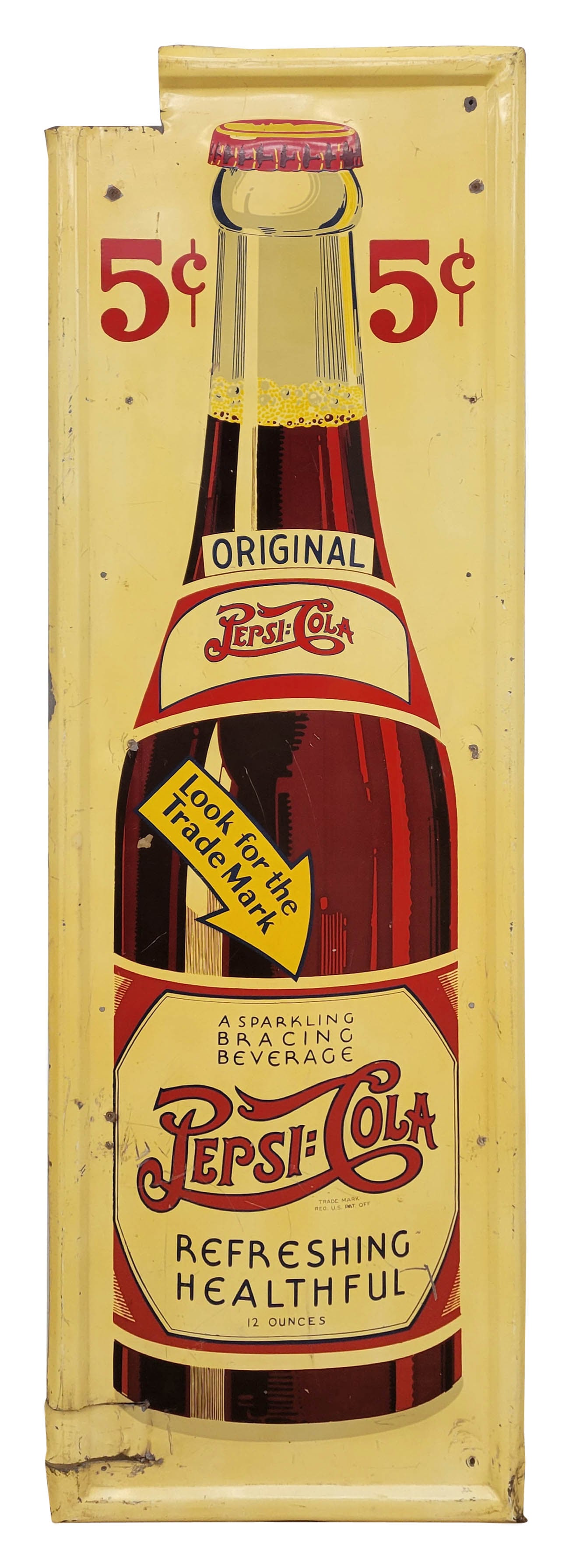 1936 Pepsi Cola Original 5 Cent Single Sided Tin Sign With Bottle: 16" x 49" SST sign showcases the Pepsi Cola bottle with the double dot logo. The sign exhibits good color with scuffs and light scratches in the field. The top left corner has a missing section and th