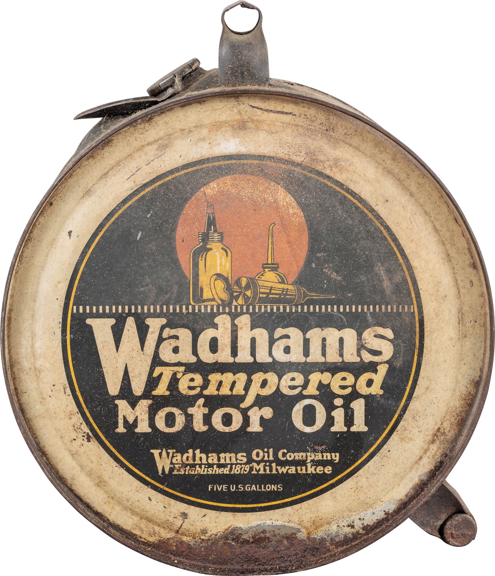 Wadhams Tempered Motor Oil Five Gallon Rocker Can: Five gallon empty metal rocker oil can has moderate color and shine. The can presents with general wear, scratches and fading. One side has "Prestone" lettering scratched into the upper field. The han