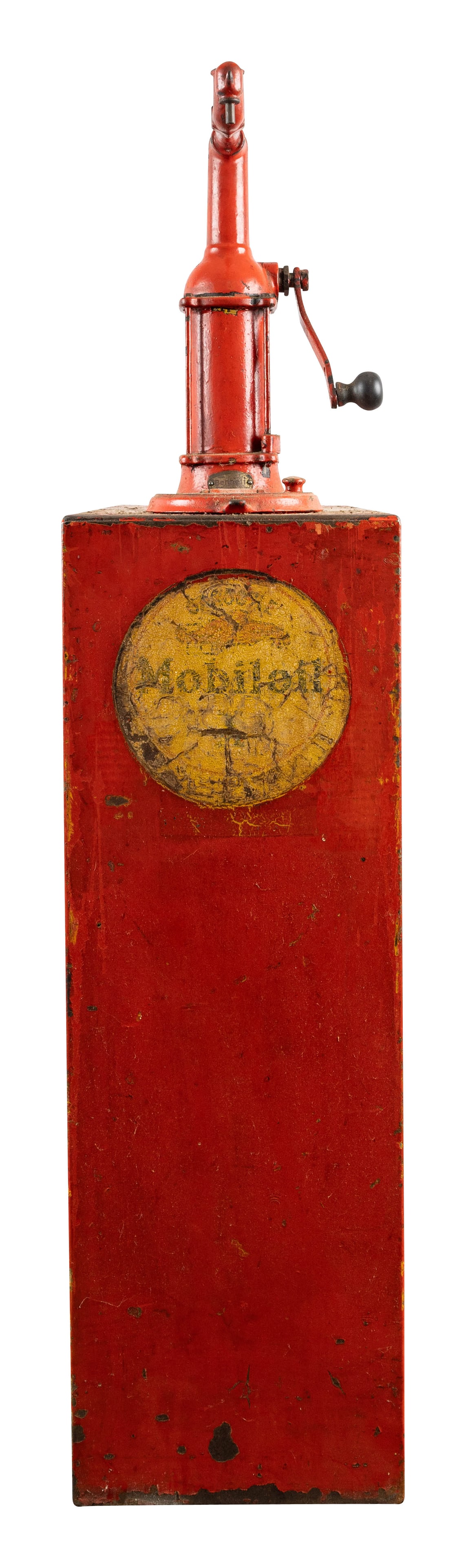 Wadhams Mobiloil Bennet Motor Oil Lubester: 57" T., Bennet lubester features older paint with an original Mobiloil decal on the display side. The top retains an embossed Gargoyle Mobiloil lid and an attached Property of Wadhams Oil metal tag. T