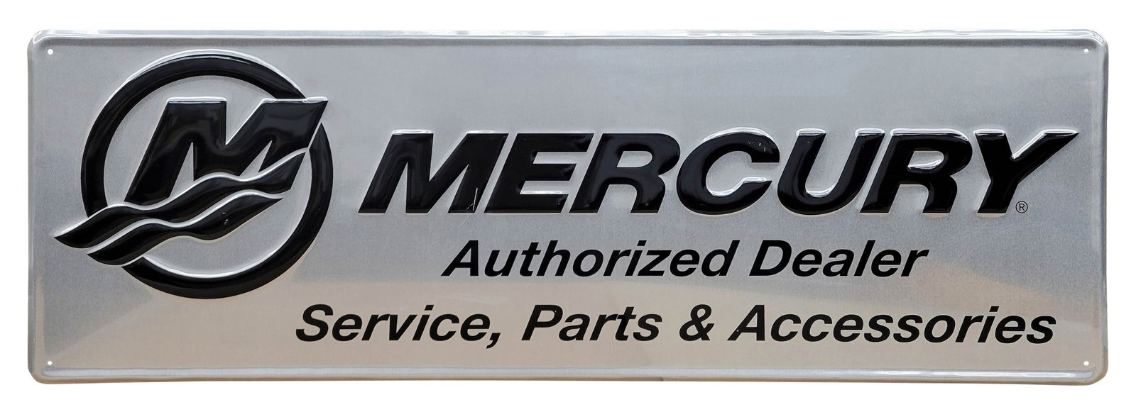 Mercury Authorized Dealer Embossed Single Sided Aluminum Sign: 16" x 48" embossed SS aluminum sign is in good condition with high shine. There are a few small scratches in the field on the raised lettering. The perimeter is very clean.