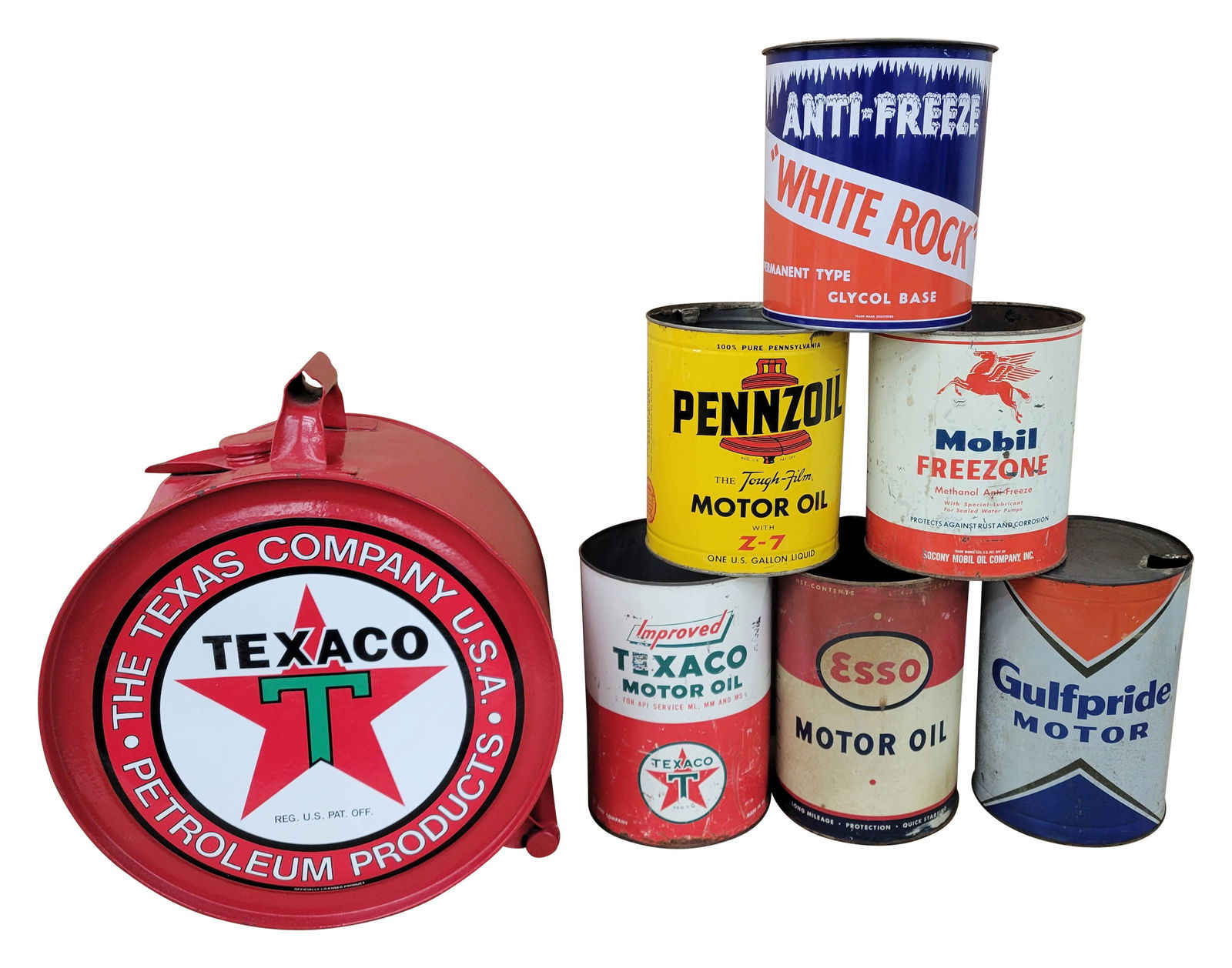 Texaco Rocker Can, White Rock, Esso, Pennzoil Oil Cans (1 of 2)