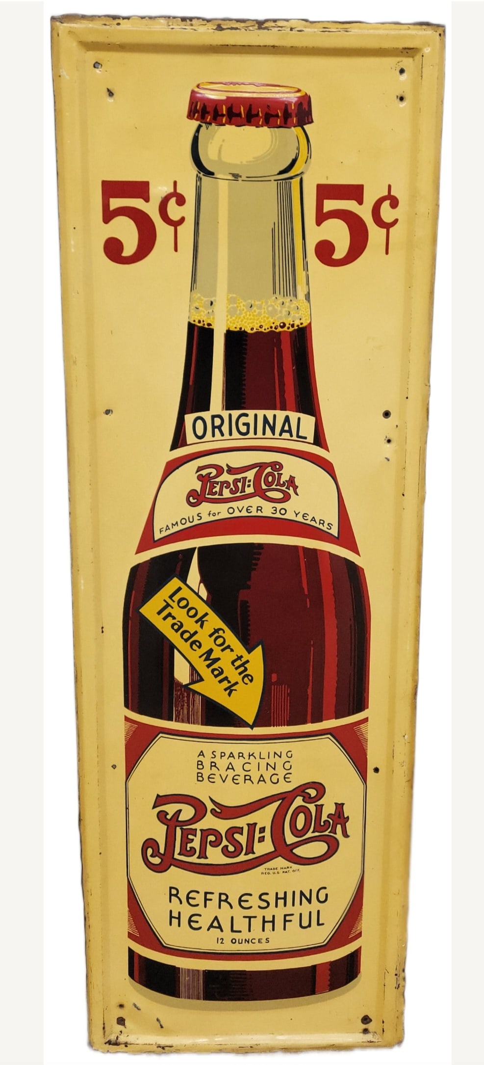 1936 Pepsi Cola Original 5 Cent Single Sided Tin Sign With Bottle (1 of 2)
