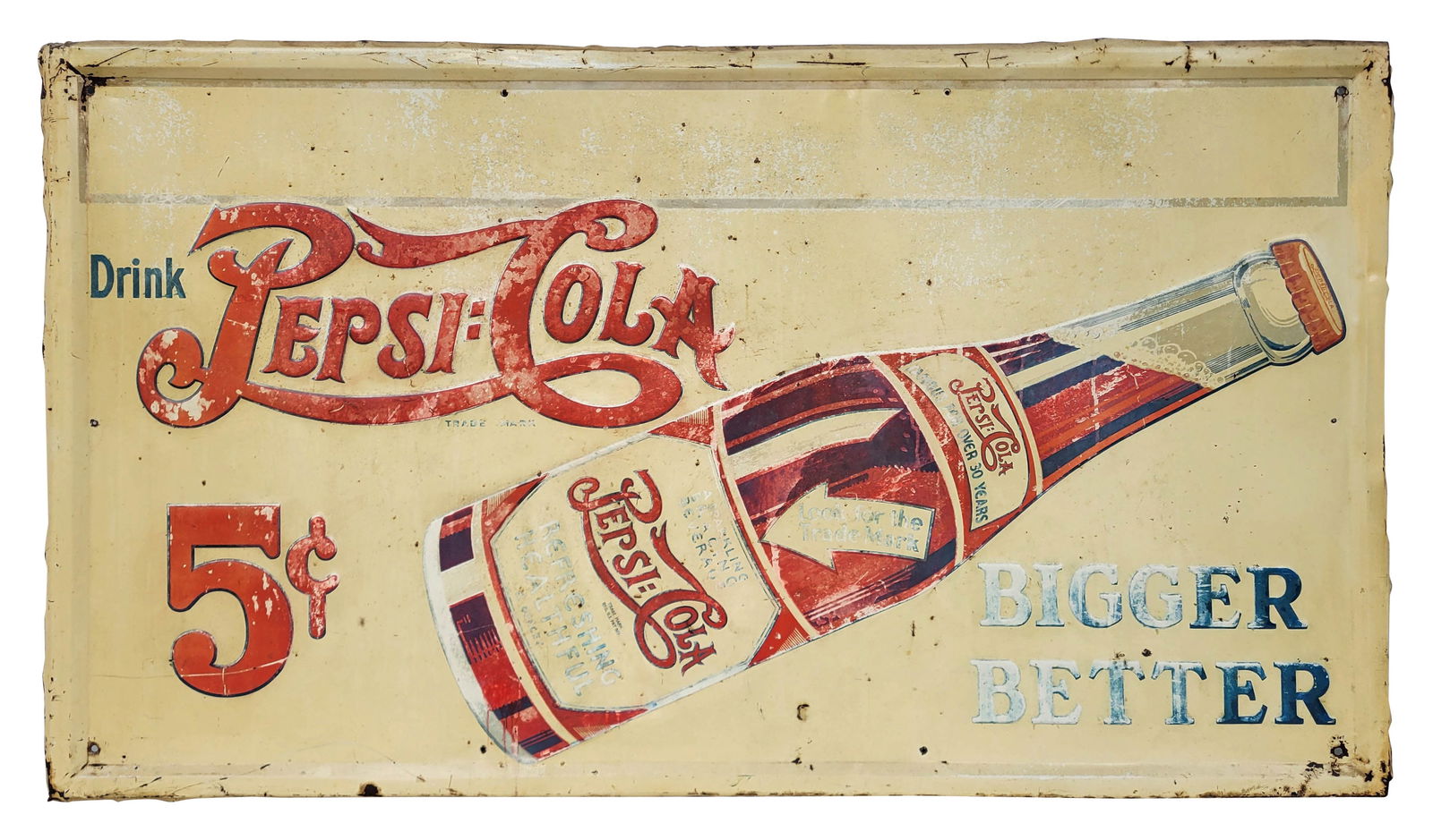 Rare 1930's Drink Pepsi Cola 5 Cent Embossed Single Sided Tin Sign With Bottle (1 of 2)