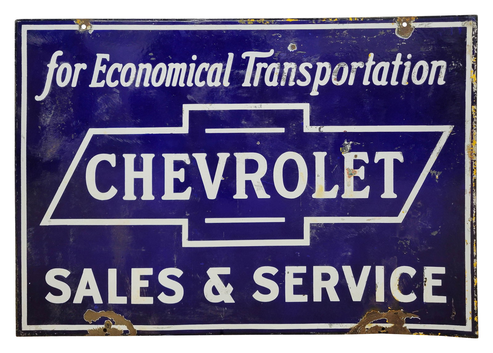 Chevrolet For Economical Transportation Sales & Service Double Sided Porcelain Sign: 40" x 28" DSP sign exhibits good color with general wear throughout the field of each side including porcelain chips, scratches, and shallow bends at the mounting holes. The perimeter displays light w