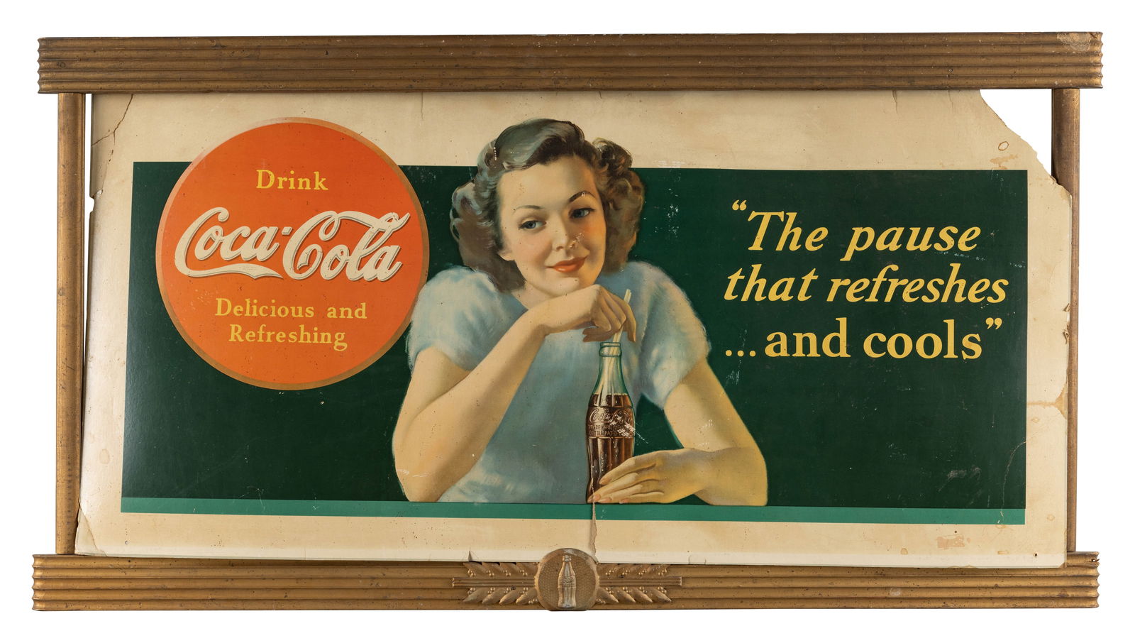 Drink Coca Cola "The Pause that Refreshes" Cardboard Sign w/ Wooden Frame (1 of 2)