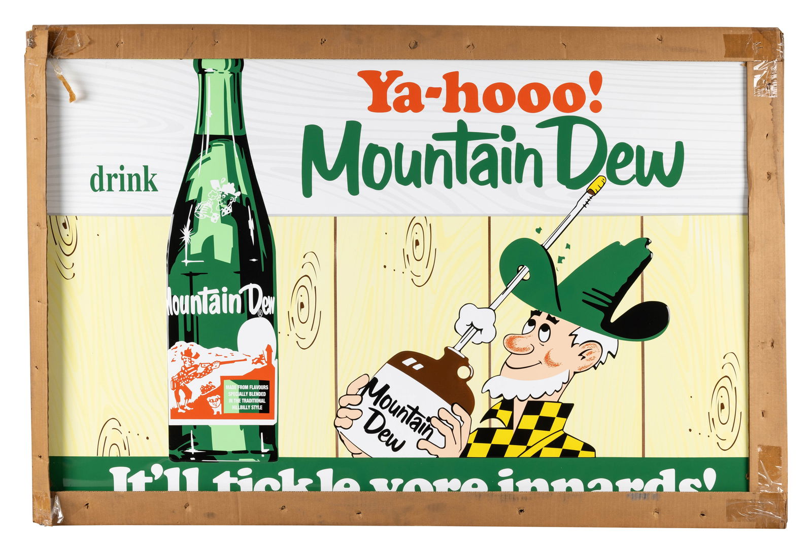 Yahoo! Drink Mountain Dew It'll Tickle Yore Innards 5' Emb. SST Sign w/ Hillbilly (1 of 2)