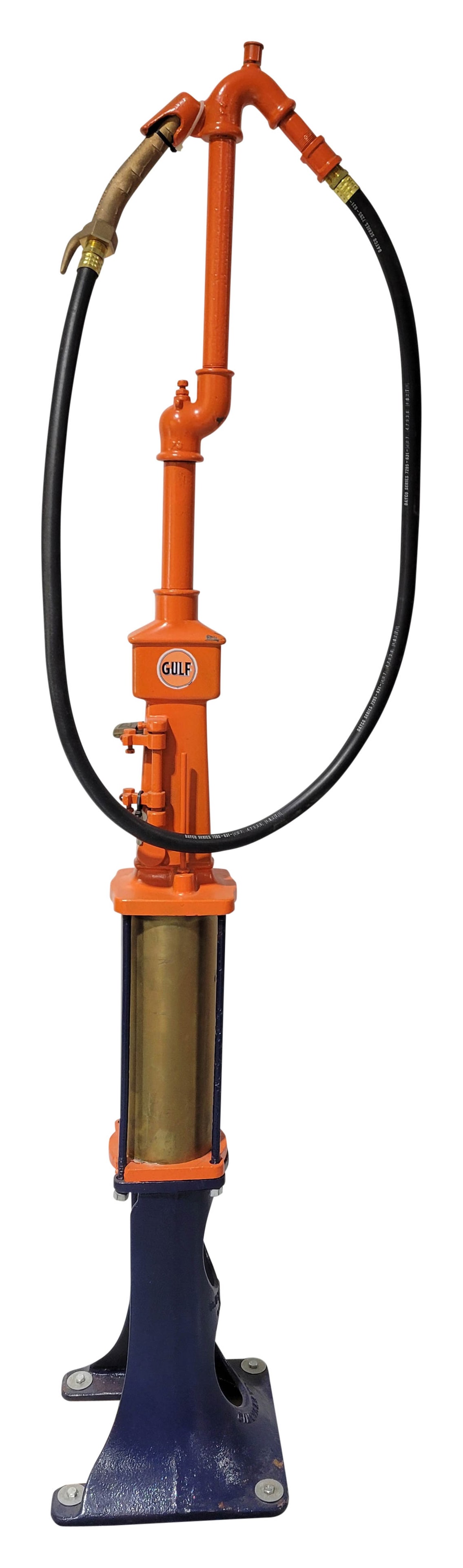 Richmond Engineering Co. Oil Pump Gulf: 72" T., RECO, Richmond Engineering Co. oil pump has been restored. The pump features a Gulf color scheme with a Gulf decal on the display size. It shows an older restoration with areas of wear to the