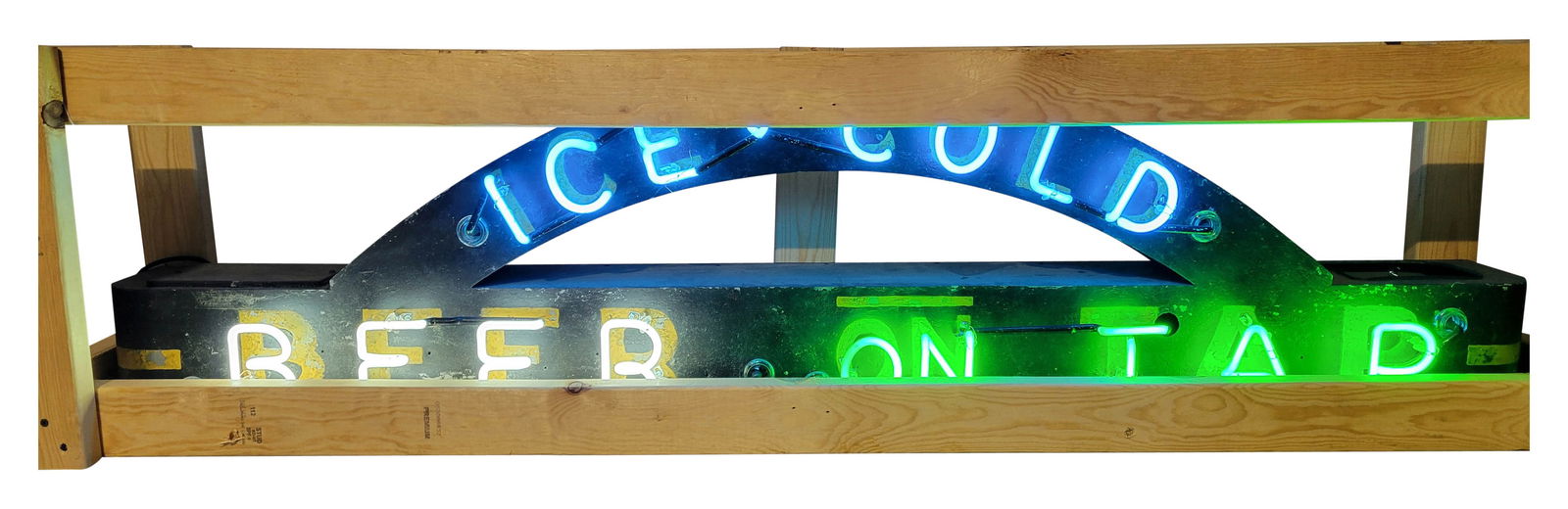 Ice Cold Beer on Tap 6' SST Factory Neon Sign: 18" x 72" x 9", SST die cut factory neon sign has good color and shine. The display has older hand painted crackled paint with areas of paint loss, surface imperfections and unused neon hardware mount