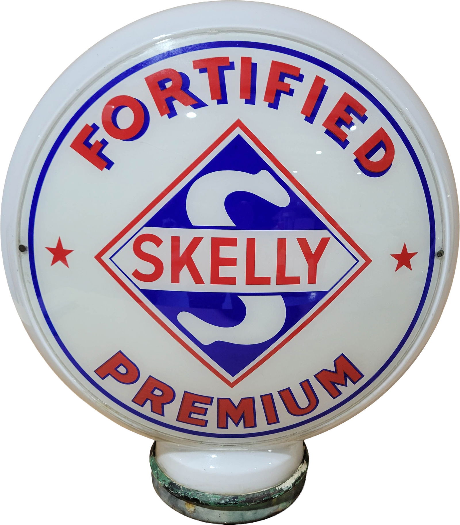 Skelly Fortified Premium Gasoline 13.5" Complete Hull Milk Glass Body Globe: 17.25" T., two 13.5" lenses mounted in a Hull milk glass body. The display lens is clean. The reverse lens has minor discoloration along the lower edge with small edge chips on the outer left edge. Th