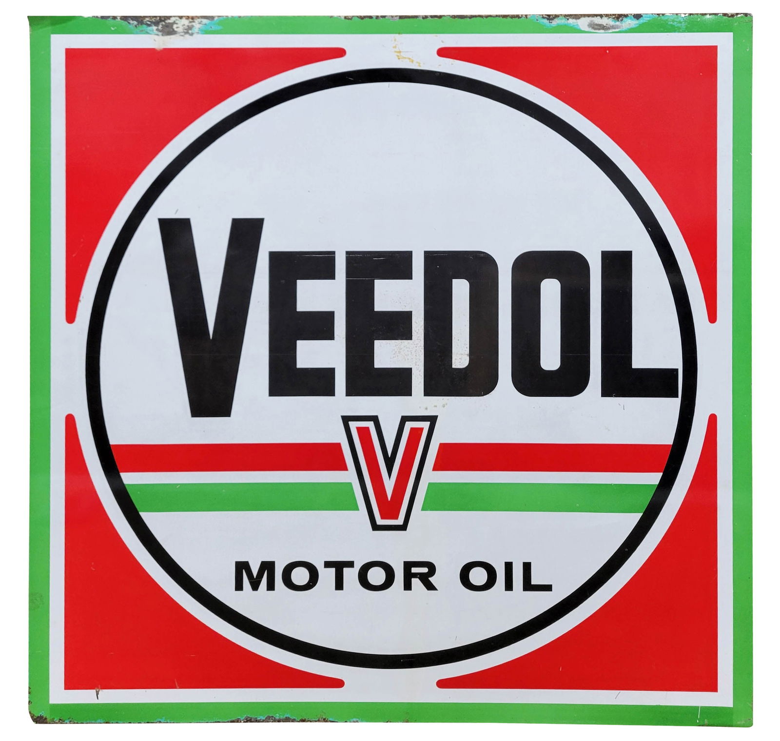 Veedol Motor Oil Single Sided Tin Sign: 23.5" x 23.5" SST sign displays good color and shine with light wear in the field including rust spots peppered in the middle field and stains near the upper edge. The perimeter has wear with flaked p