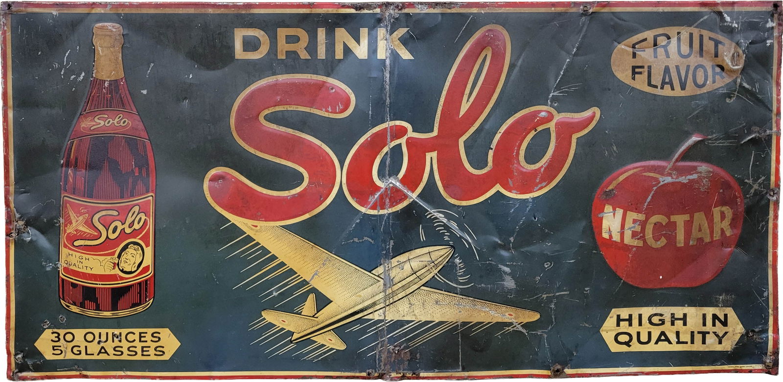 Drink Solo Single Sided Tin Sign: 30" x 15" SST signs has heavy wear on the surface with stains, scratches, holes and holes. The sign has a horizontal bend in the center and bends around the perimeter. General Steel Wares Limited.