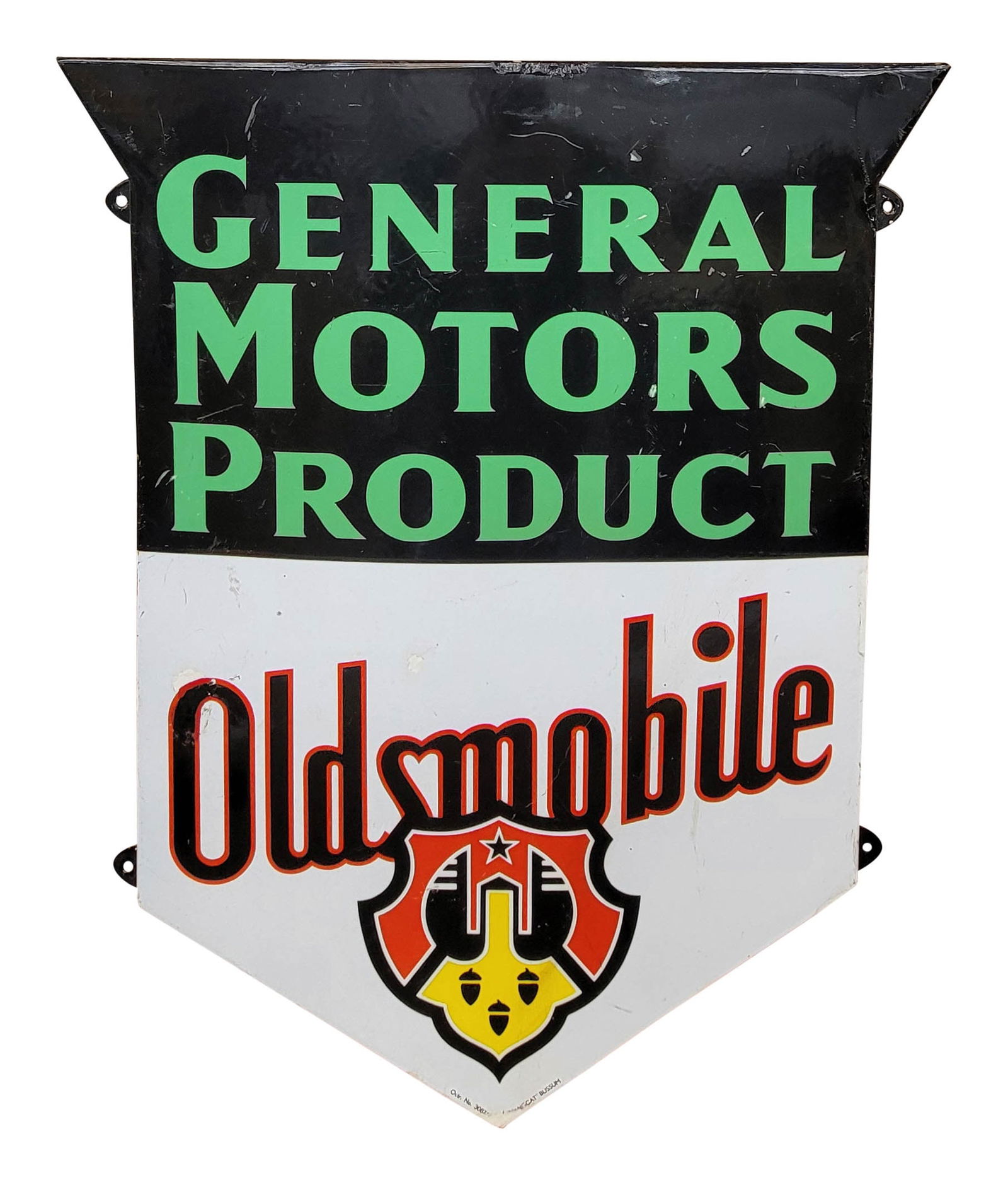 General Motors Product Oldsmobile Single Sided Porcelain Sign: 25.5" x 31.5" SSP sign has good color with? moderate wear throughout including scuffs and scratches. The letter "O" in Oldsmobile has been touched up. The perimeter has a rolled edge with mounting tab