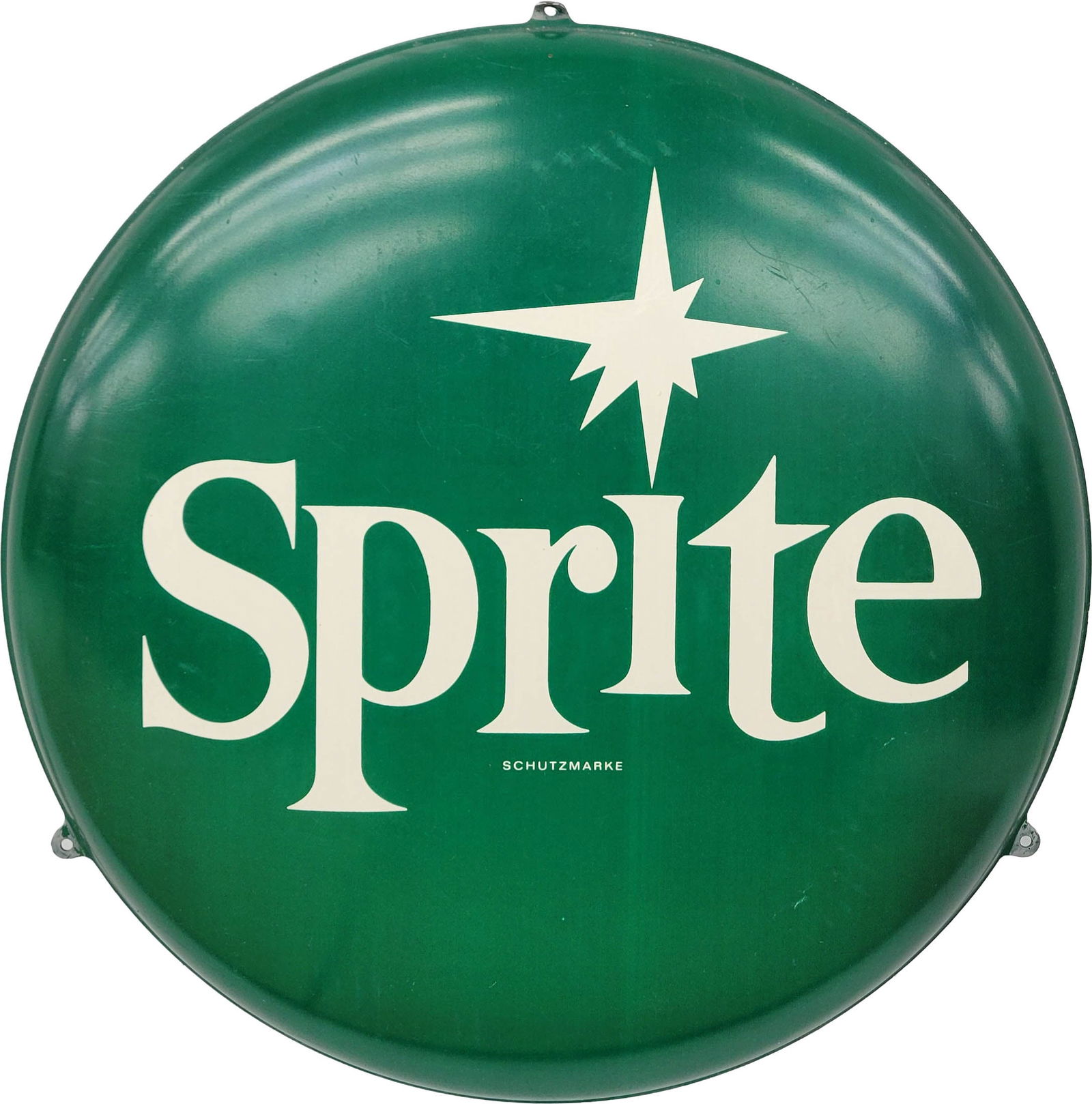 Sprite Single Sided Tin Button Sign: 16" SST button sign showcases a vibrant color and a nice shine, although it has some light scratches in the field. It features 3 mounting tabs around the edge, which show typical wear, with the top ta