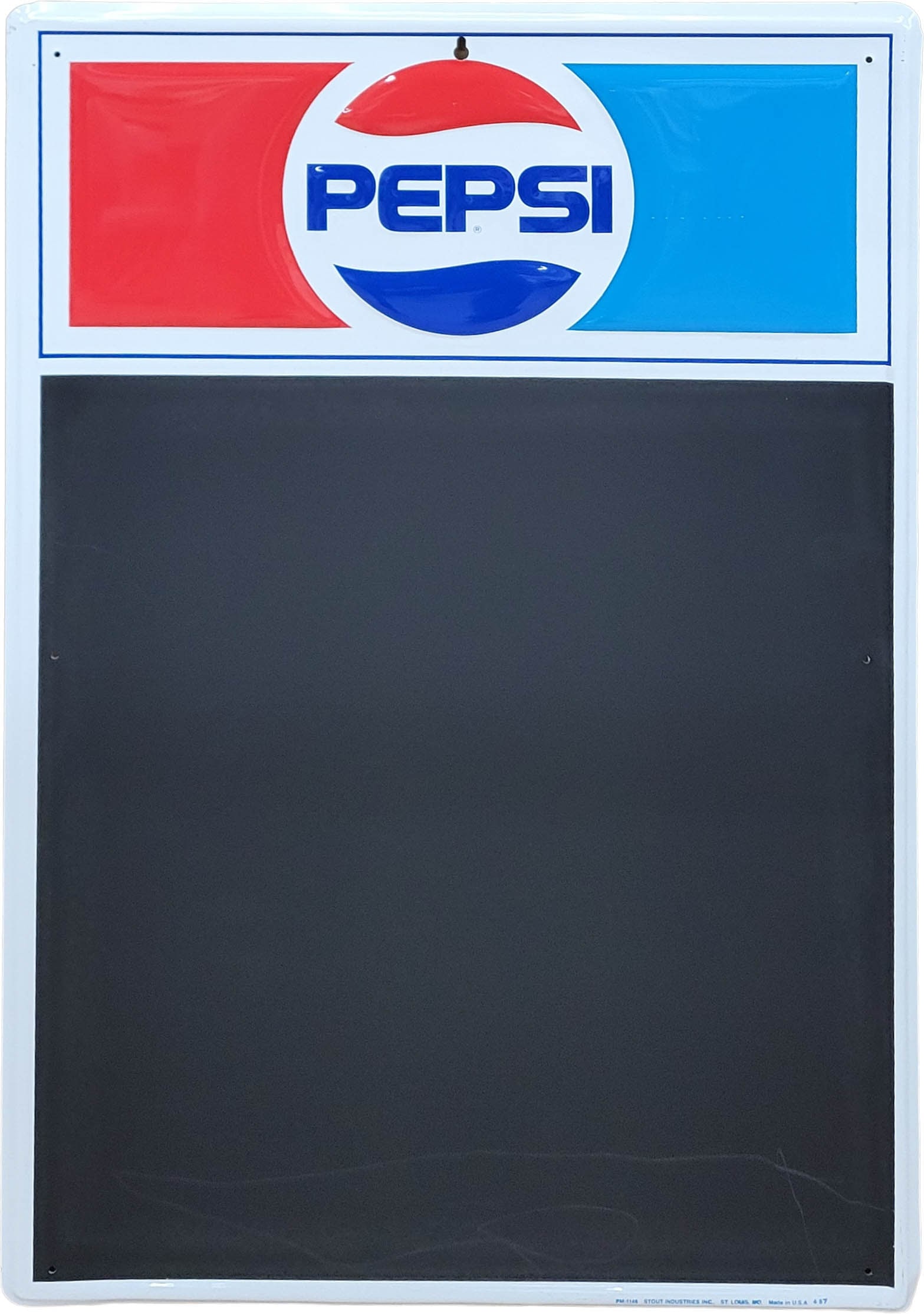 Pepsi Embossed Tin Menu Board: 27" x 18" SST embossed menu board is in excellent condition with bright colors and high shine on the logo area. The black board area is in excellent condition with a few small scuffs. Stout Industries