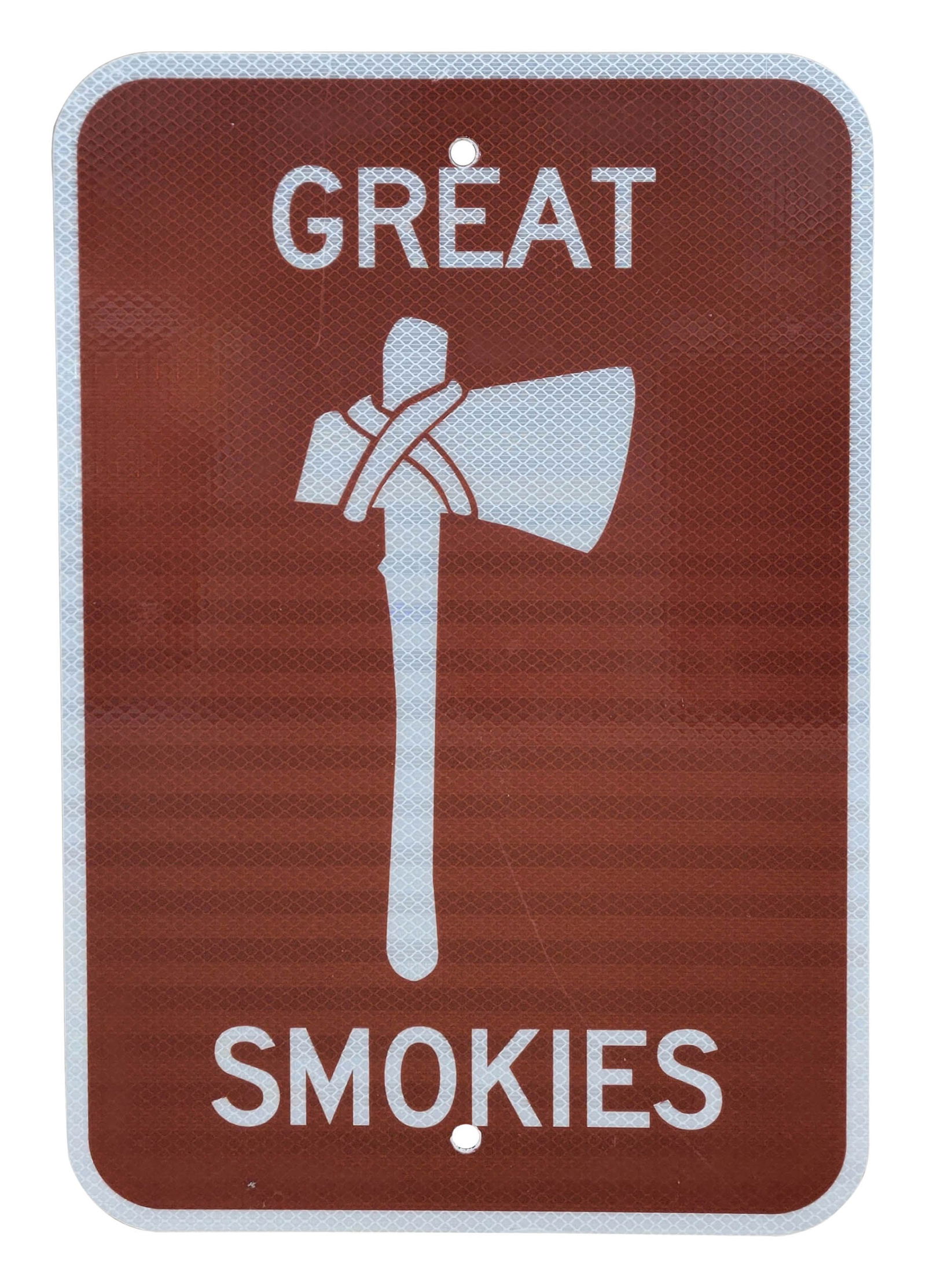 Great Smokies Aluminum Reflective Road Sign: 18" x 12" SS aluminum sign features a reflective surface. The sign exhibits light wear with minor scuffs.