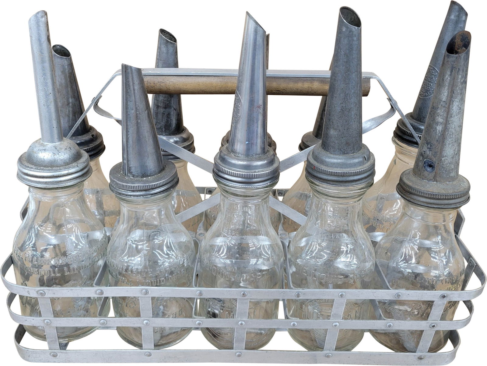 Embossed Oil Bottles and Metal Carrier (1 of 4)