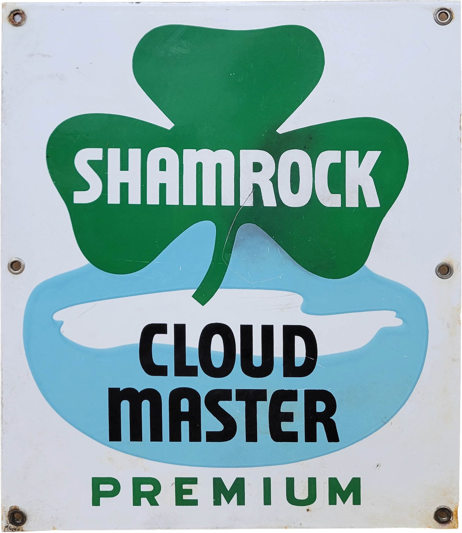 Shamrock Cloud Master Single Sided Porcelain Pump Plate Sign: 10.5" x 12.5" SSP pump plate has wear in the field with scratches and scuffs. The perimeter has light stains.