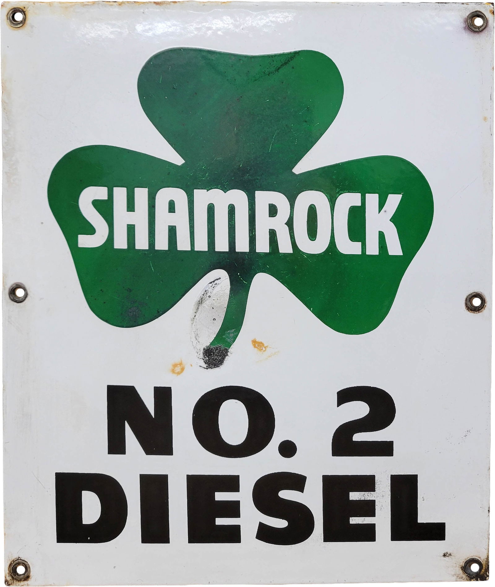 Shamrock No. 2 Diesel Single Sided Porcelain Pump Plate: 10.5" x 12.5" SSP pump plate has a large chip in the center that has been touched up with several small stains in the field. The perimeter has light wear with stains.