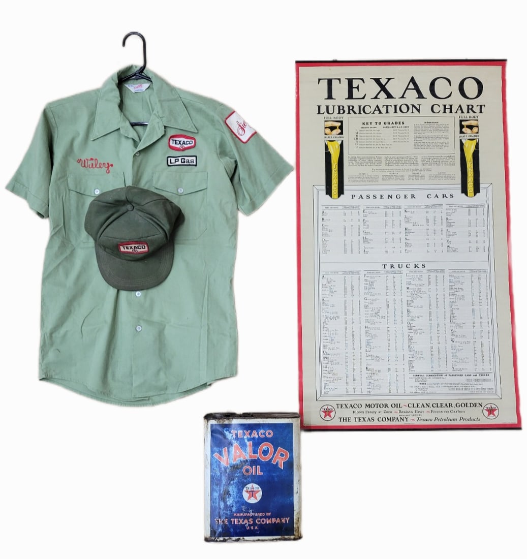 Texaco Service Station Collectibles w 1923 Lubrication Chart: Lot includes a 2 Gallon Texaco Valor Oil can in used condition, a Texaco service station attendant hat in used condition, and a Sieveking Inc. uniform shirt with patches and embroidery, sized 15 1/2.