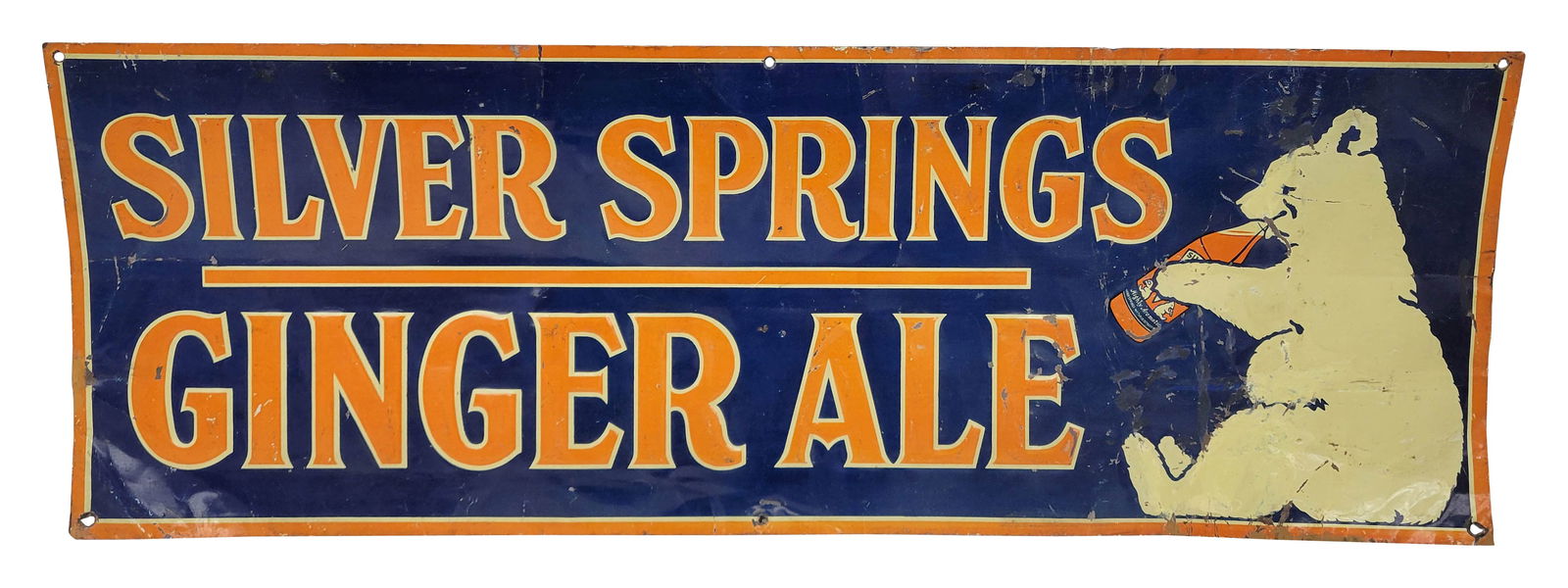 Silver Springs Ginger Ale Embossed Single Sided Tin Sign: 27.75" x 9.5" embossed SST sign exhibits signs of general wear throughout with scratches, dings, and bends. The bear has been touched up at some point.