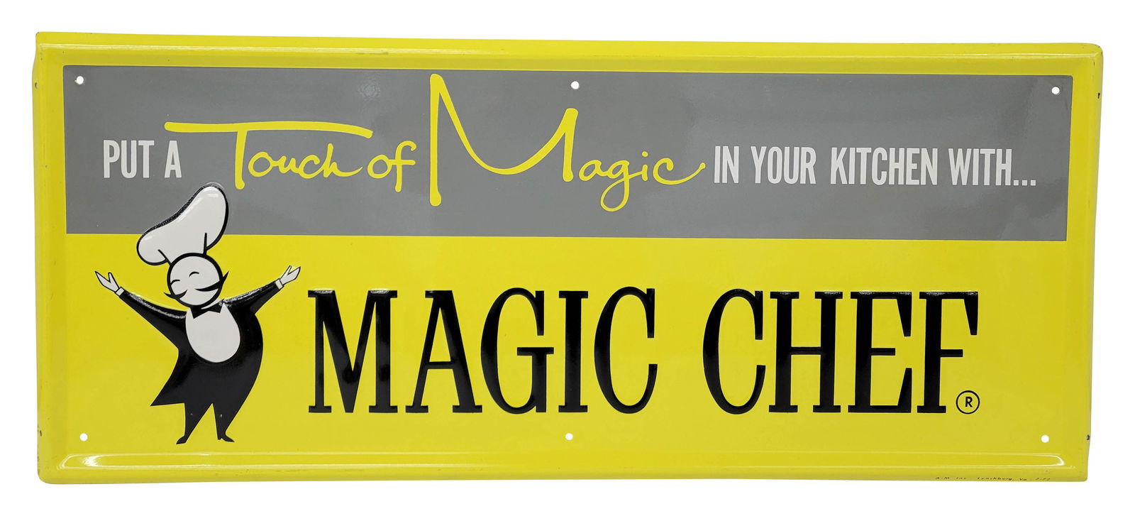 Put A Touch Of Magic Chef In Your Kitchen Single Sided Tin Sign: 27.75" x 11.75" SST sign is in excellent condition displaying bright colors and high shine. The top left corner has a very small bend. A-M Inc. 7-72.