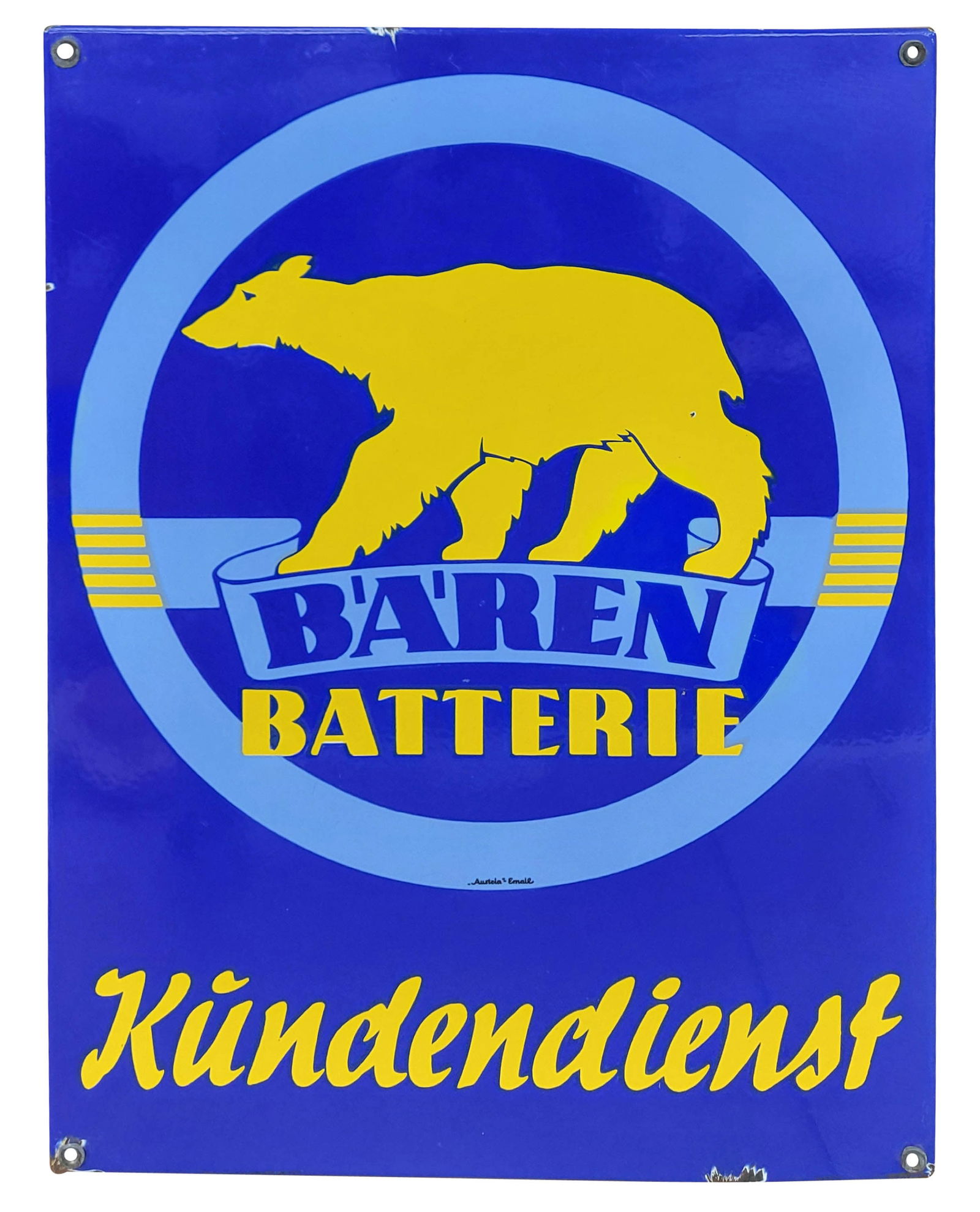 Baren Batterie Kundendienst: 19" x 25.25" SSP sign exhibits excellent color and gloss with minor scuffs and fine scratches in the field. There is a flea bite chip on the bear's hind leg. The perimeter has several small chips and