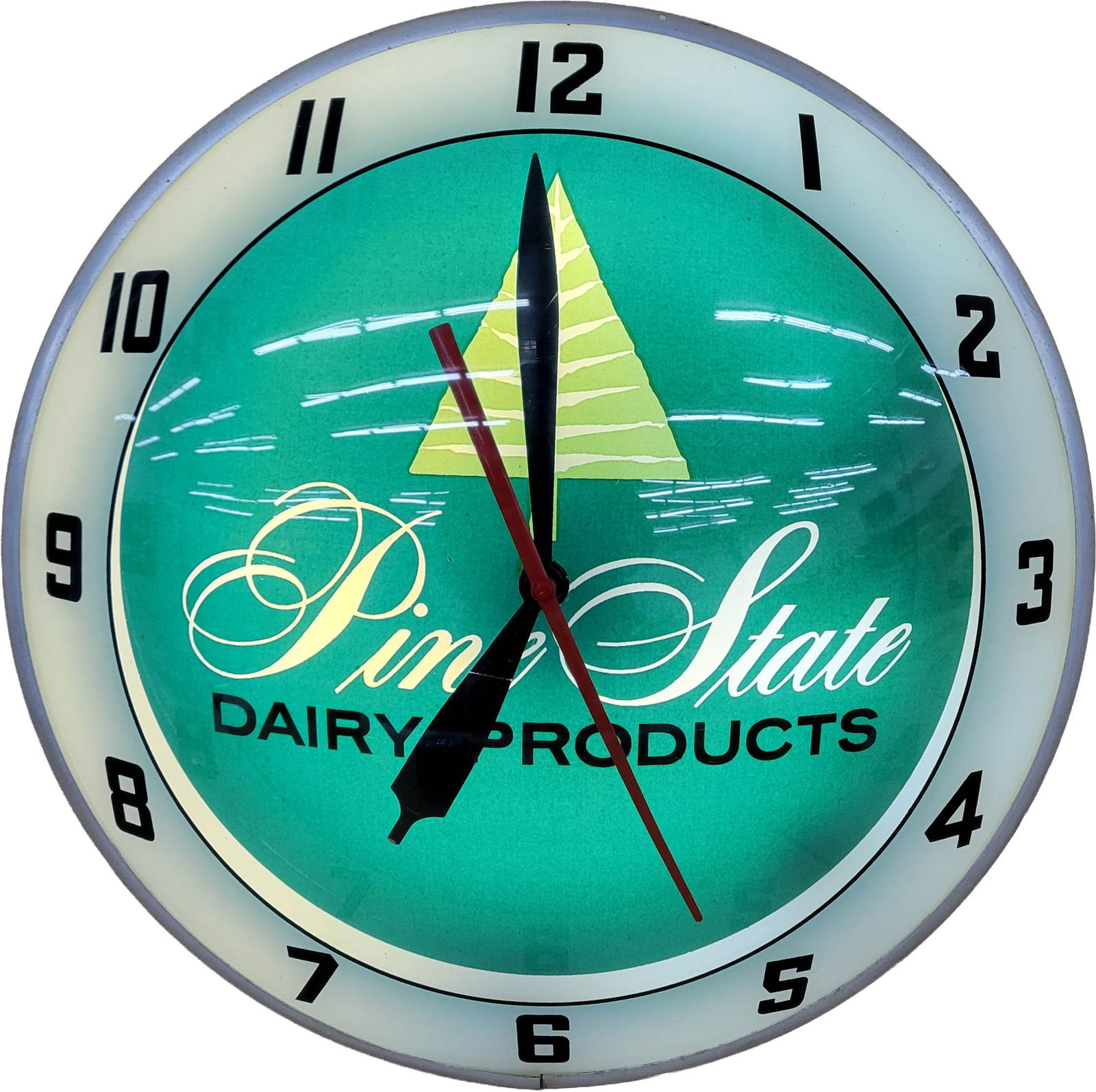 Pine State Dairy Products Double Bubble Light Up Clock: 15" working illuminated clock features a double bubble glass face. The graphics are bright and the clock displays very well with normal signs of wear to the metal can.