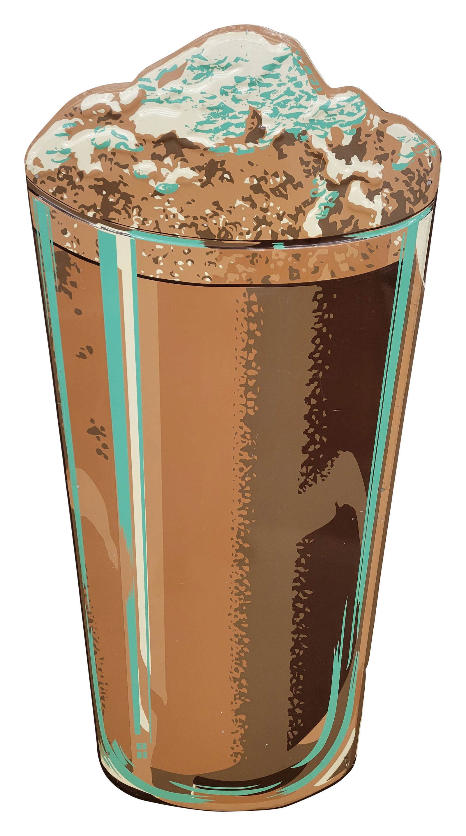 Soda Fountain Ice Cream Float / Malt Die Cut Embossed SST Sign: 23" x 48" embossed SST sign exhibits very good color and shine throughout with light scuffs and rub marks in the field. The perimeter has minor wear.