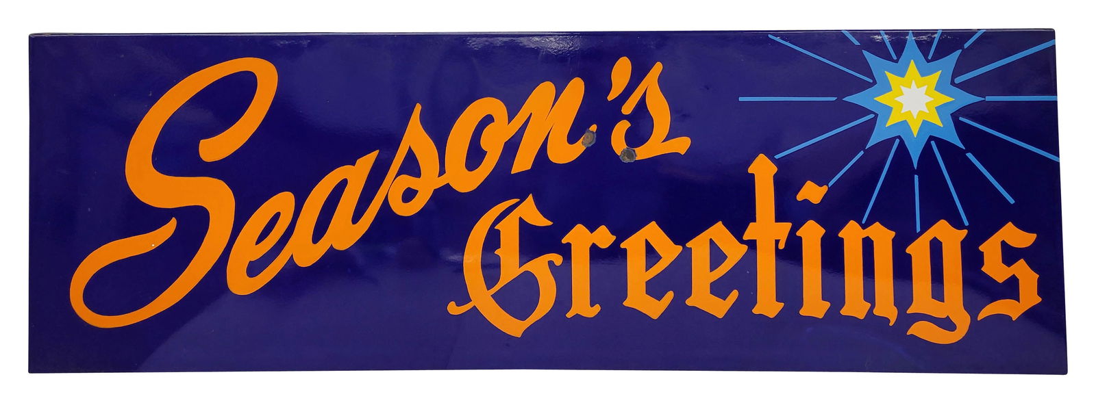 Season's Greetings Single Sided Porcelain Sign: 72" x 24" SSP sign has a rolled edge and exhibits strong color with high gloss. There are 2 nickel sized chips in the field. The perimeter has light wear with a few small chips and minor surface rust