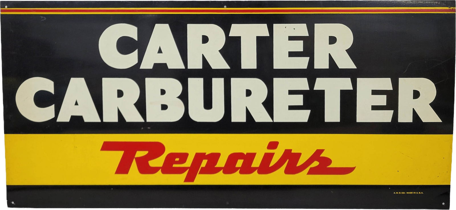 Carter Carburetor Repairs Single Sided Tin Sign: 28" x 13" SST sign displays bright color and good shine with minor wear on the surface and light scratches in the field. The perimeter has minimal wear with a minor shallow bend on the lower left corn