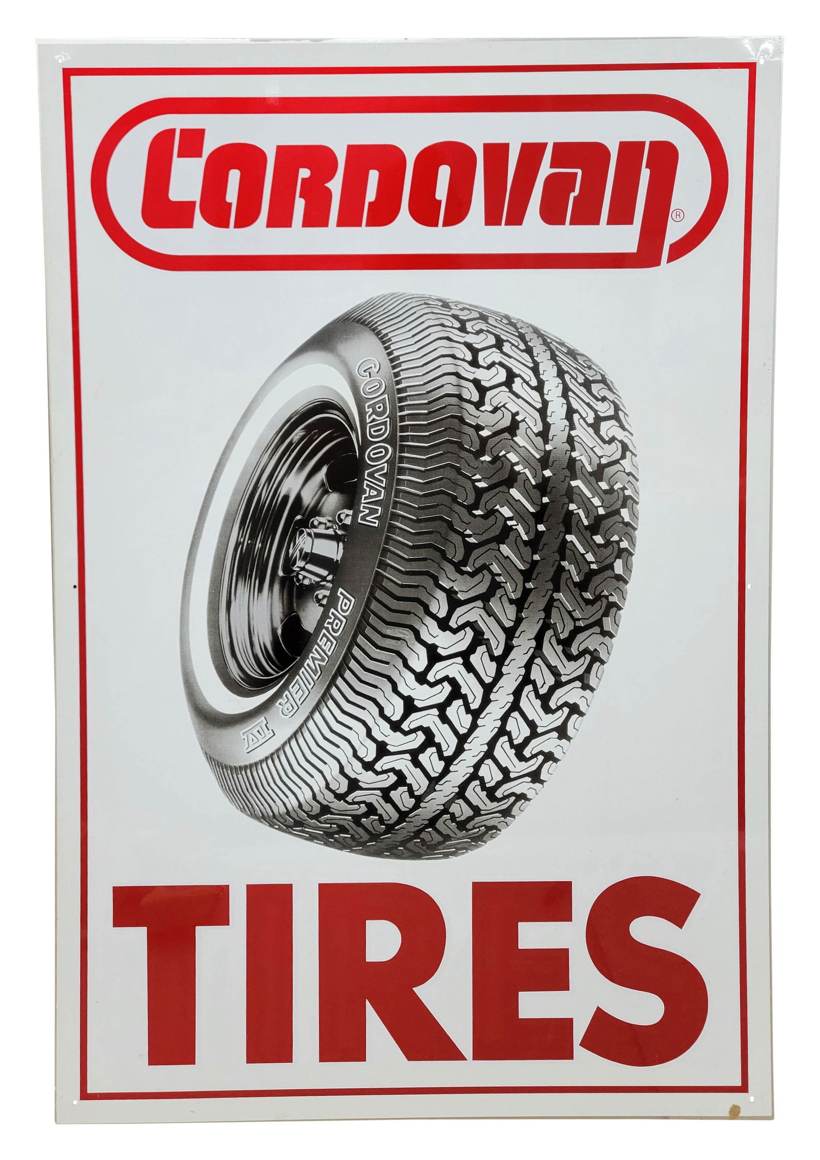 Cordovan Tires Single Sided Sign: 24" x 36" SS aluminum sign exhibits excellent color and shine throughout. The field and perimeter are very clean with the exception of a very small ding in the letter "T".