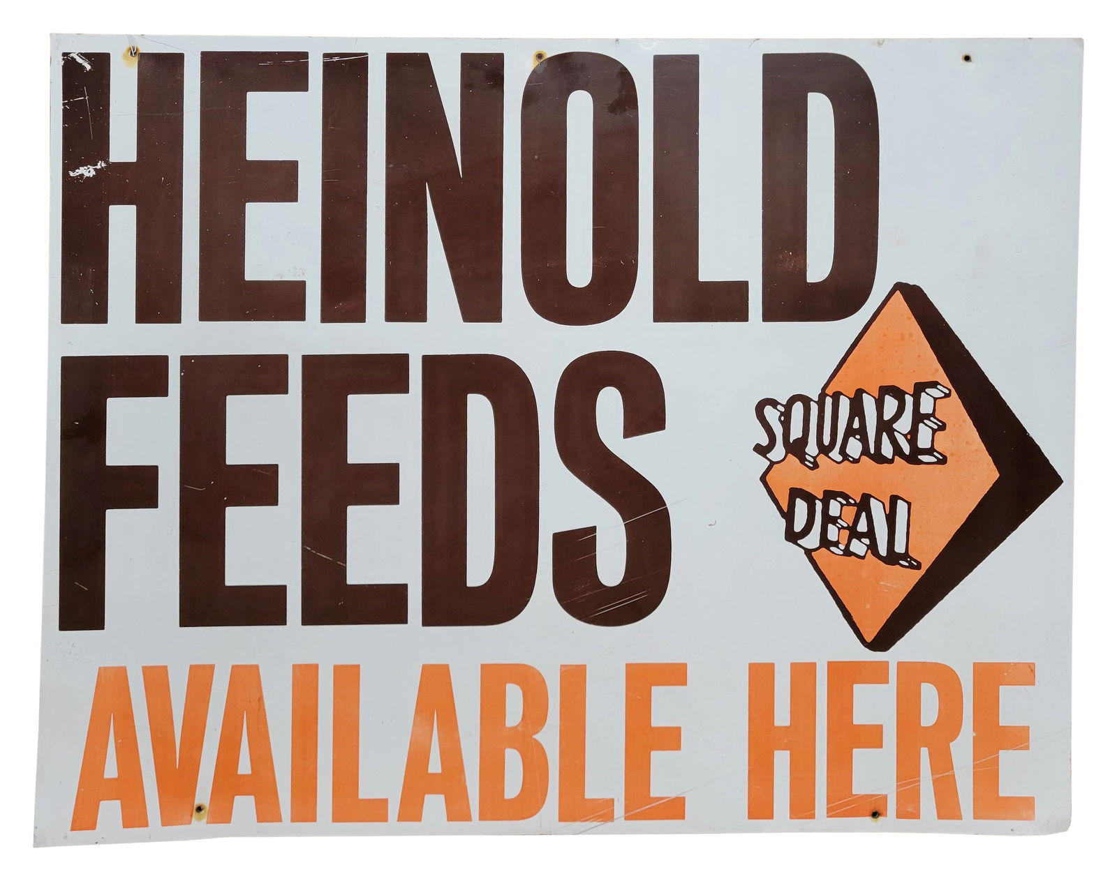Heinold Feeds Single Sided Sign: 22"x 28" ss aluminum sign has scuffs and scratches in the field with wear and minor stains at the mounting holes.