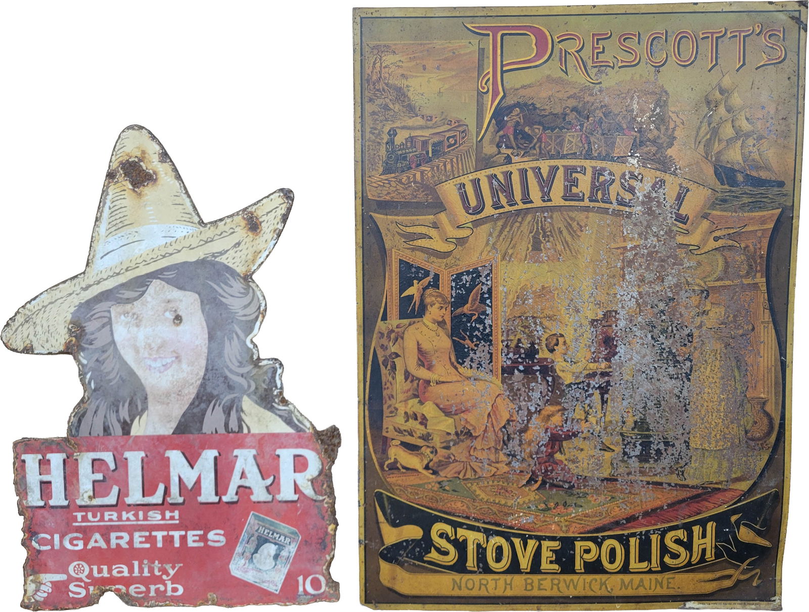 Helmar Turkish Cigarettes and Prescott's Universal Stove Polish Signs: Lot of 2 includes a 15.5" x 23 DSP Helmar sign with significant wear and fading throughout each side including scratches, rust, and missing metal. Also included is a 20" x 28" early SST Prescott's Sto