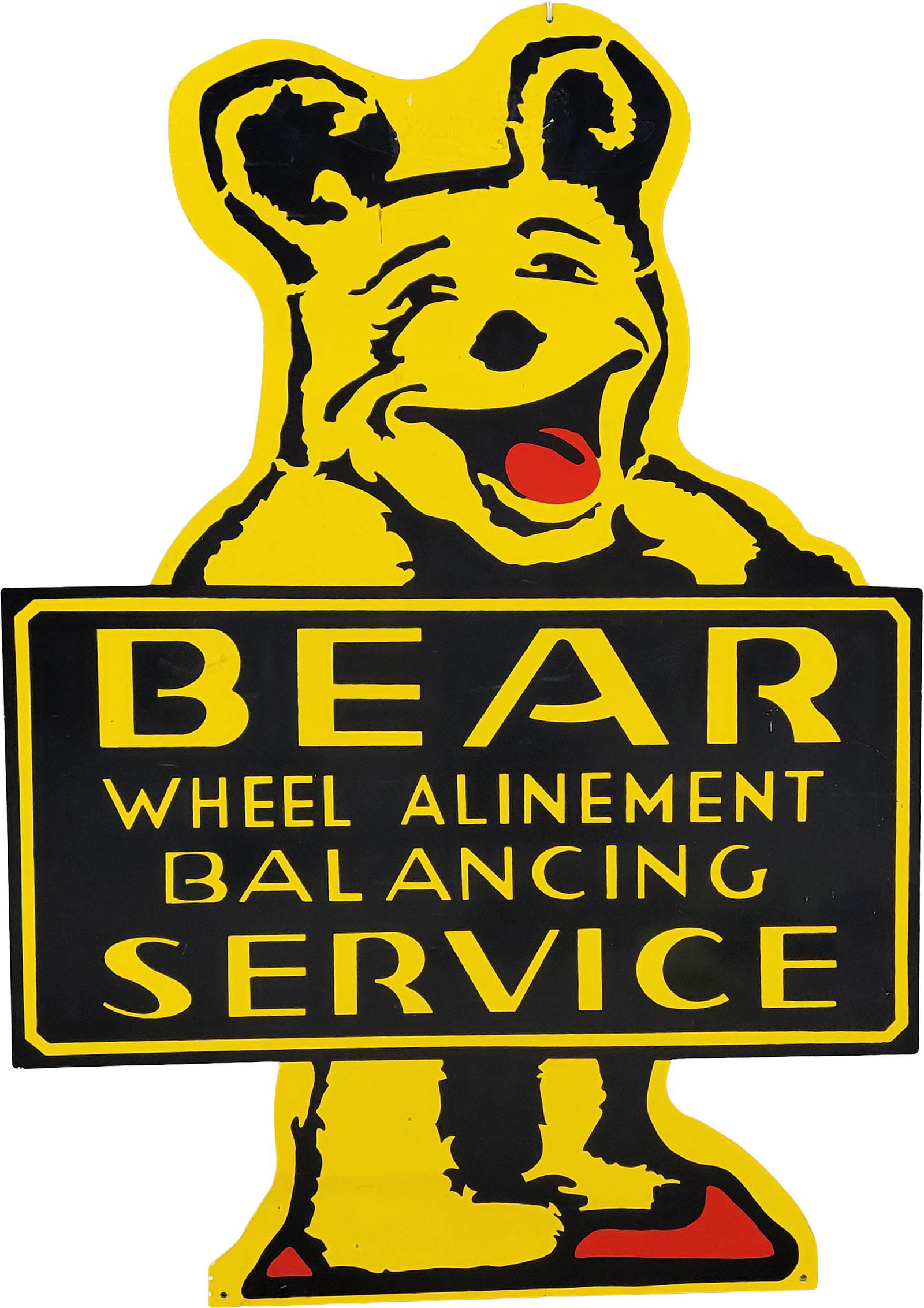Reproduction Bear Wheel Alinement Balancing Service Die Cut Sign: 17.75" x 25" SST die cut reproduction sign displays excellent color and shine with minor scuffs in the upper field.