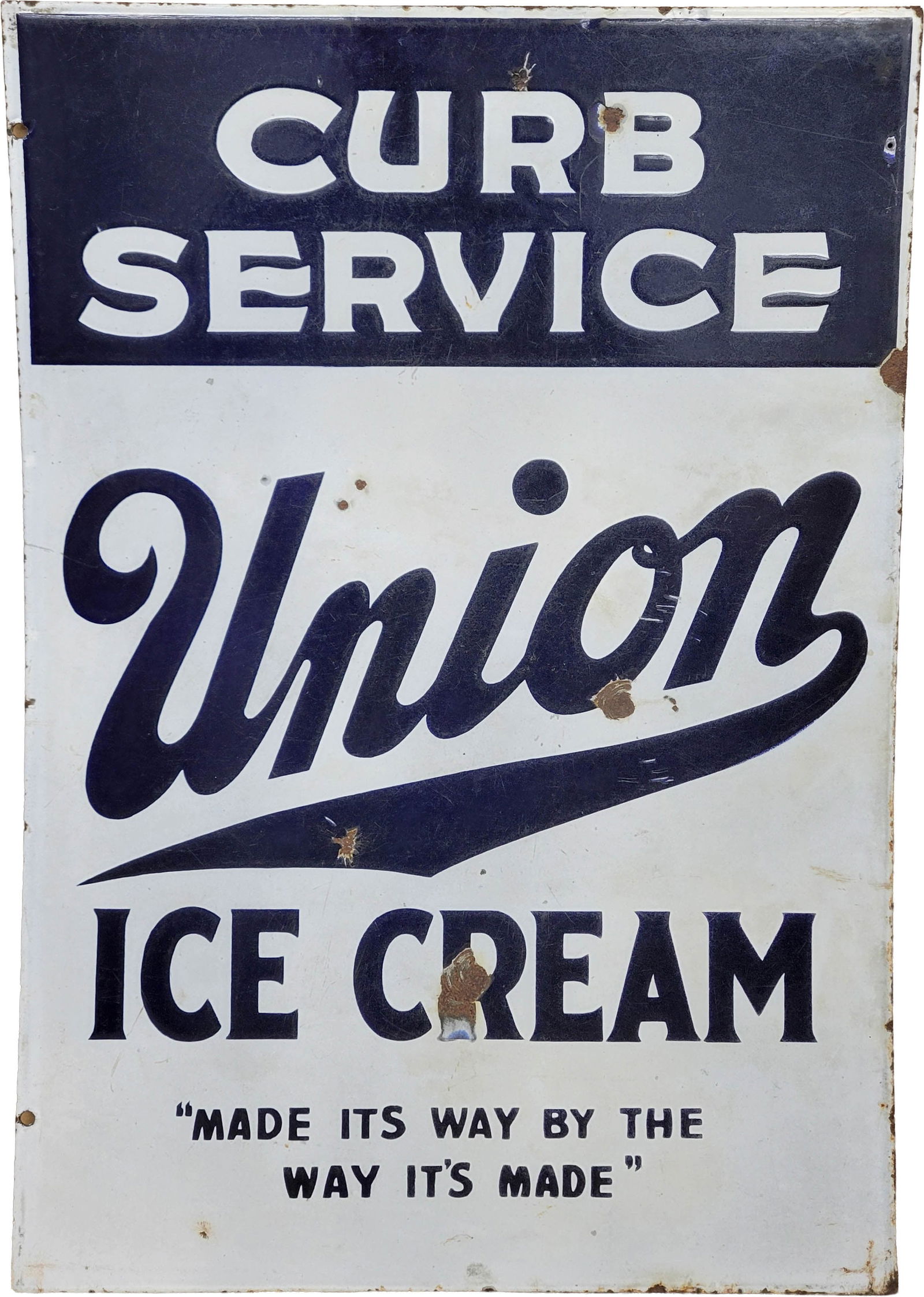 Union Ice Cream Curb Service Double Sided Porcelain Sign: 18.75" x 27" DSP sign has signs of age with wear throughout the surface of each side including porcelain chips, scratches, light stains, and surface rust. The perimeter has wear with small chips and r