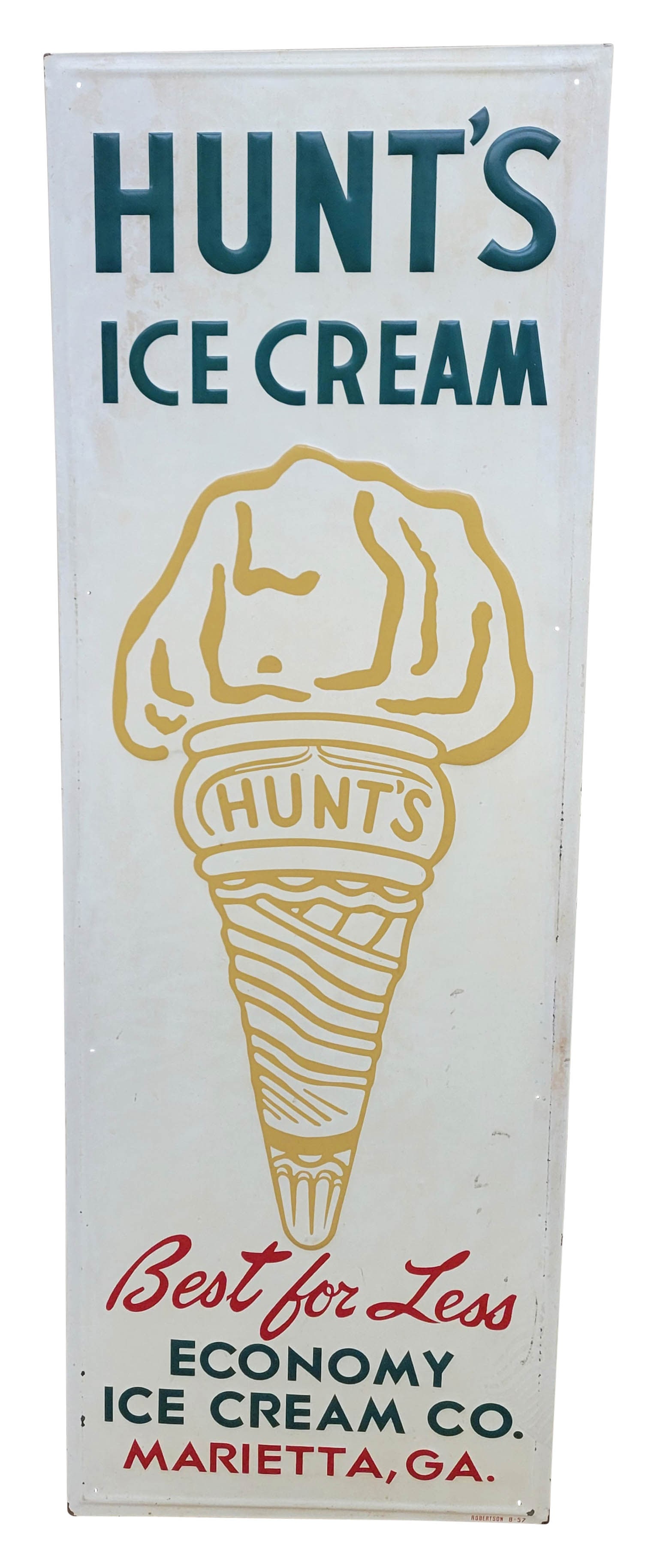 Hunt's Ice Cream Embossed Single Sided Tin Sign: 18" x 54" embossed SST sign displays good color with toning in the field. There is some moderate surface wear overall, including a few marks in the field and a footprint located on the lower right edg