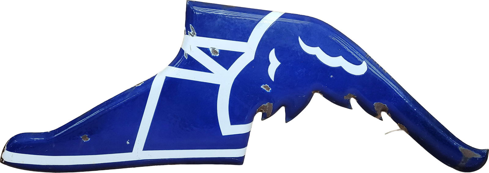 Goodyear Porcelain Winged Foot Sign: 48" x 17" SSP sign displays good color and gloss with small chips in the field. The perimeter shows wear with chips and minor rust.