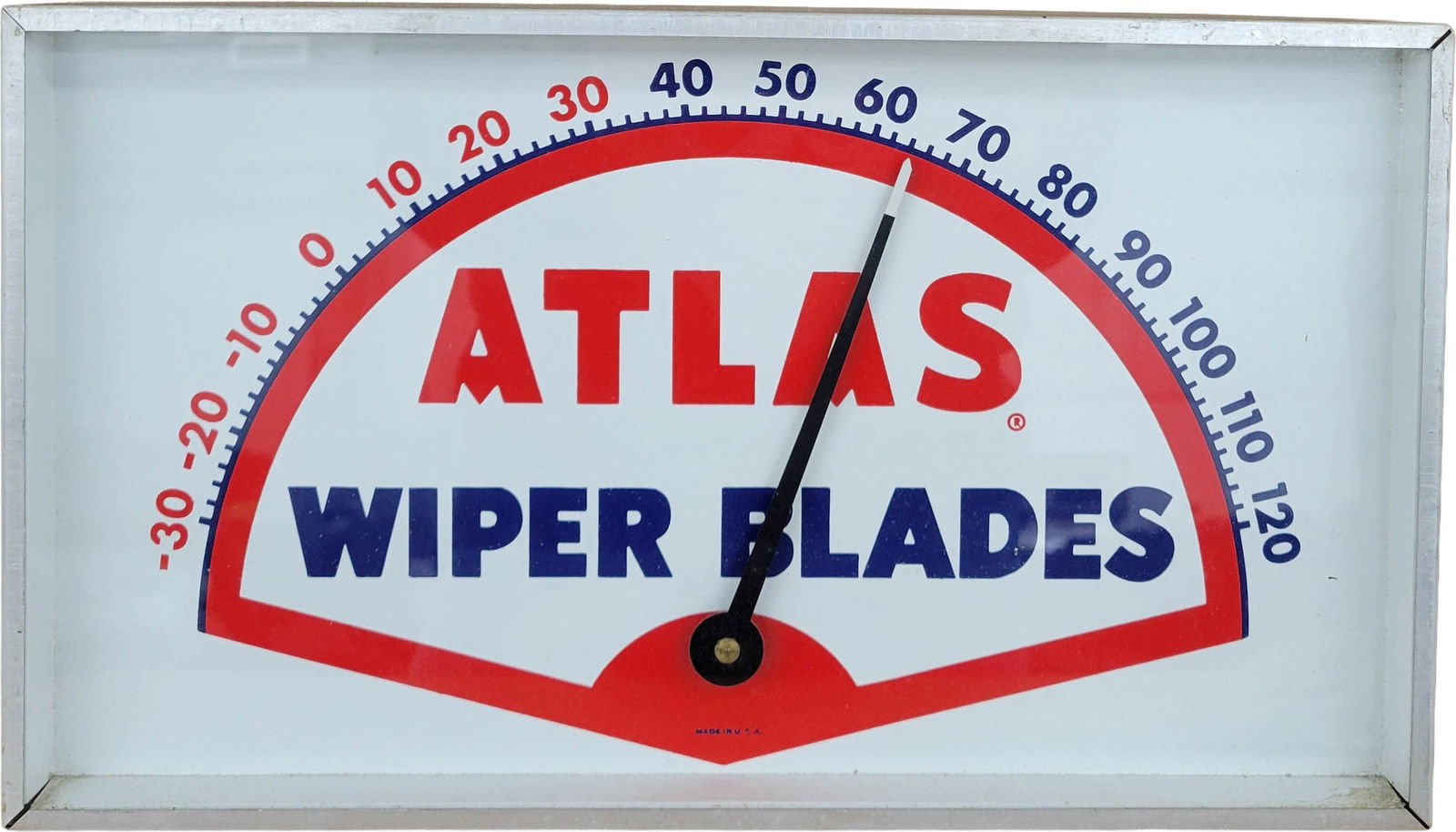 Atlas Wiper Blades Thermometer: 14" x 8" working thermometer features a glass face and aluminum can. Overall, its in very good condition with minimal wear.