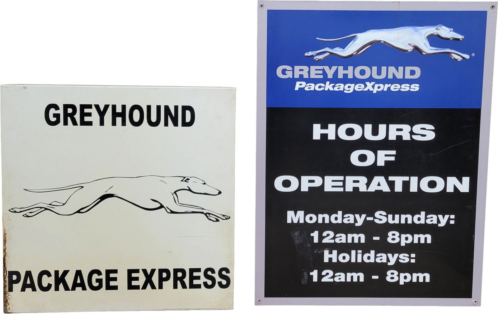 Lot of 2 Greyhound Signs: Lot includes a 24" x 23" Greyhound Package Express single sided tin sign with a rolled edge and the Greyhound logo. The sign has signs of wear with toning and stains along the left edge. Also includes