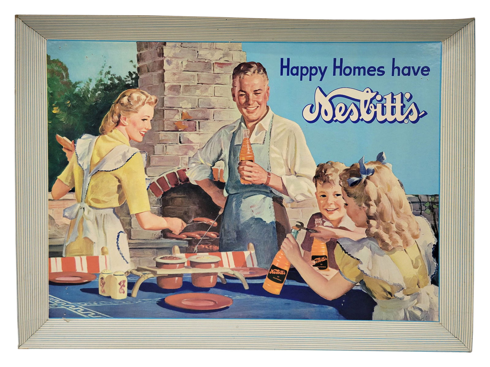 Happy Homes Have Nesbitt's Self Framed Cardboard Sign: 20" x 27.5" SS self framed cardboard features a self framed edge. The sign exhibits bright colors with minor wear. There are a few pin holes in the corners and the self framed edge has a minor bend