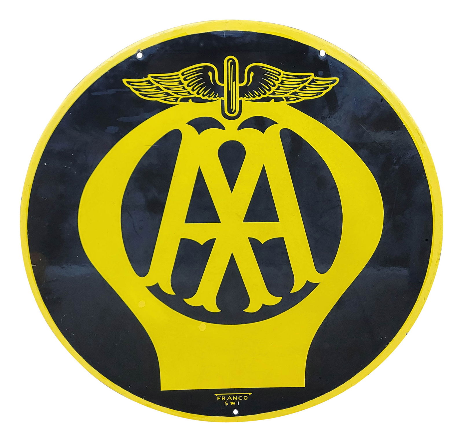 AA Garage Double Sided Porcelain Sign: 18" DSP sign exhibits good color and gloss on both sides. Each side displays multiple small touch-ups throughout the field, and the perimeter has been entirely repainted.