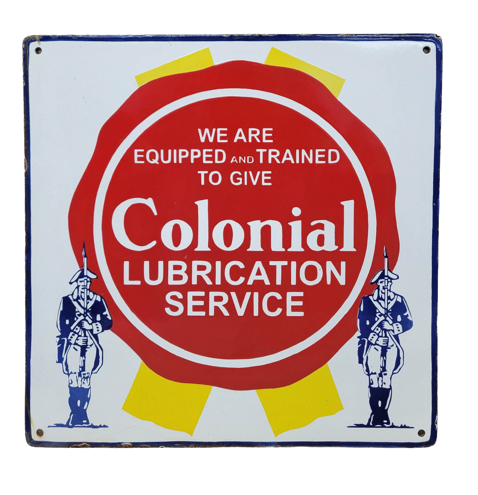 Colonial Lubrication Service Single Sided Porcelain Sign: 20" x 20" SSP displays well with excellent color and high gloss. The field is very clean and the perimeter has light wear with small chips and minor rust. AGE UNKNOWN.
