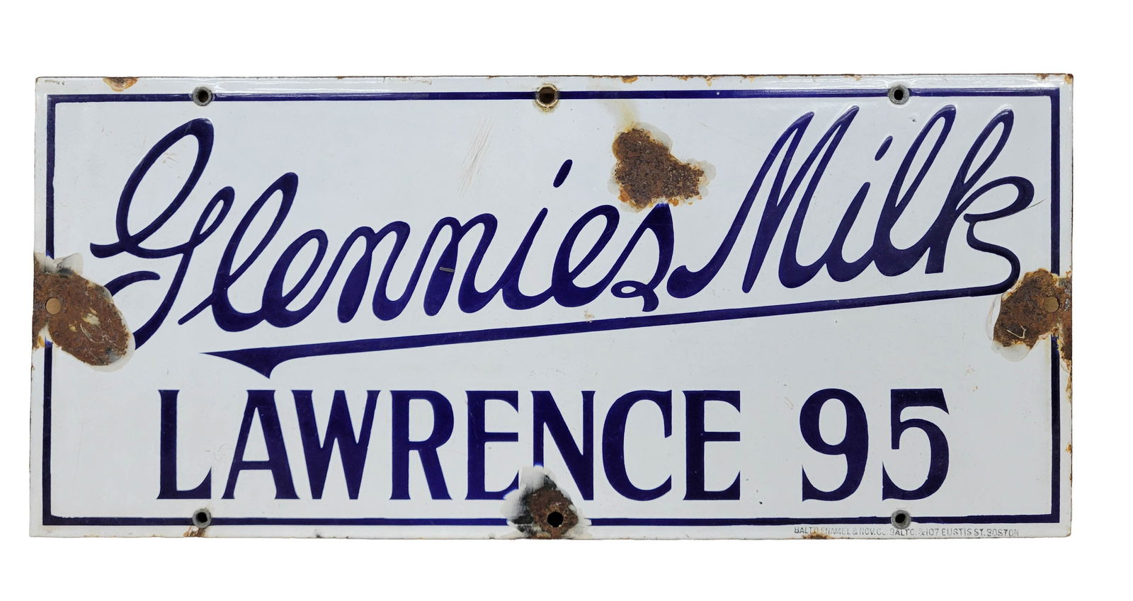 Glennie's Milk Lawrence 95 Single Sided Porcelain Sign: 18" x 18" SSP sign displays good color with porcelain loss at the mounting holes and a large chip in the field. There are minor scuffs throughout. Circa early 1900's. Balto. Enamel and Nov. Co.