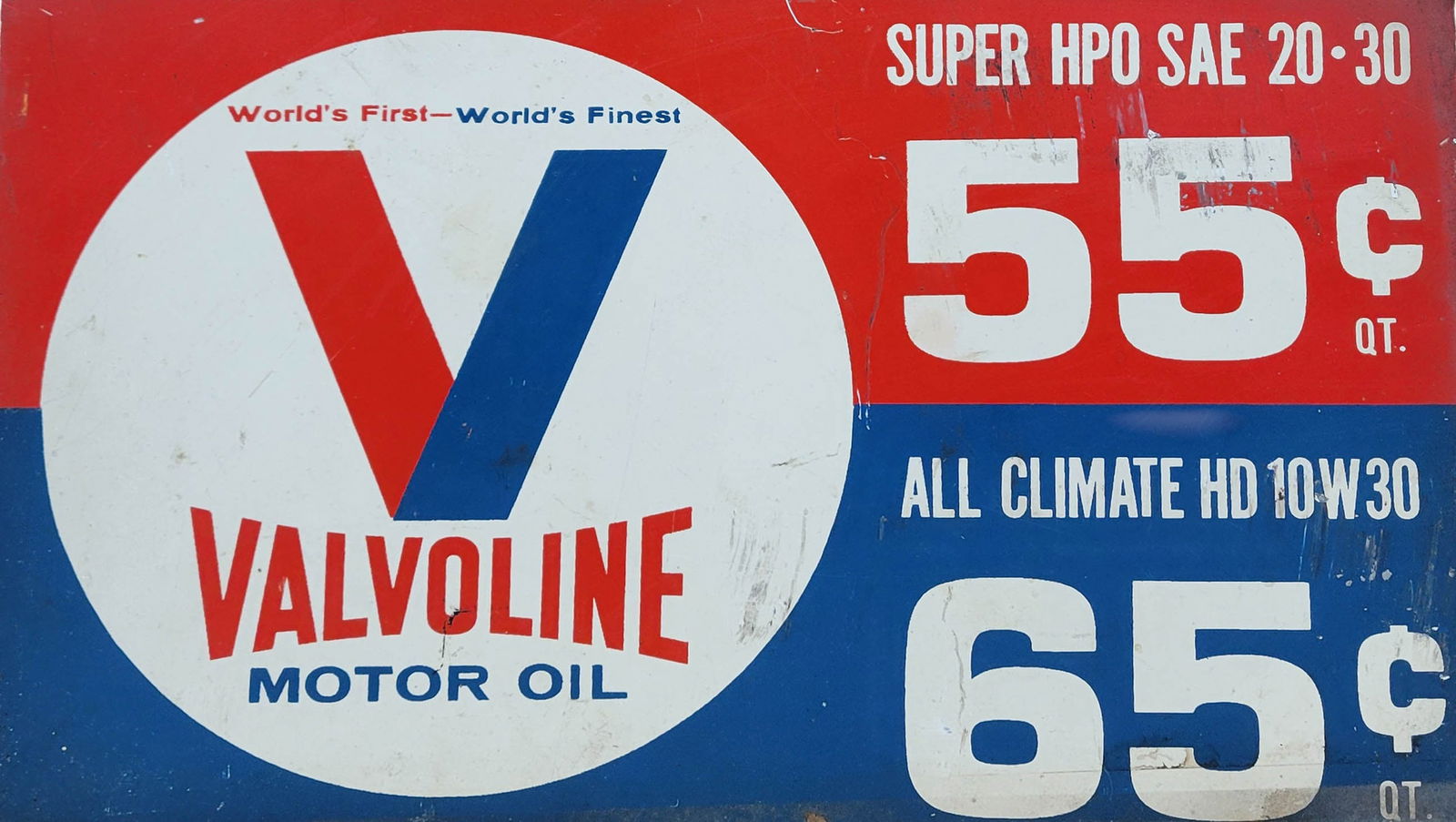 Valvoline Motor Oil Single Sided Tin Price Sign: 17.5" x 10.5" 1970's SST sign exhibits general wear on the surface throughout the field with scratches, and light stains. Age Unknown.