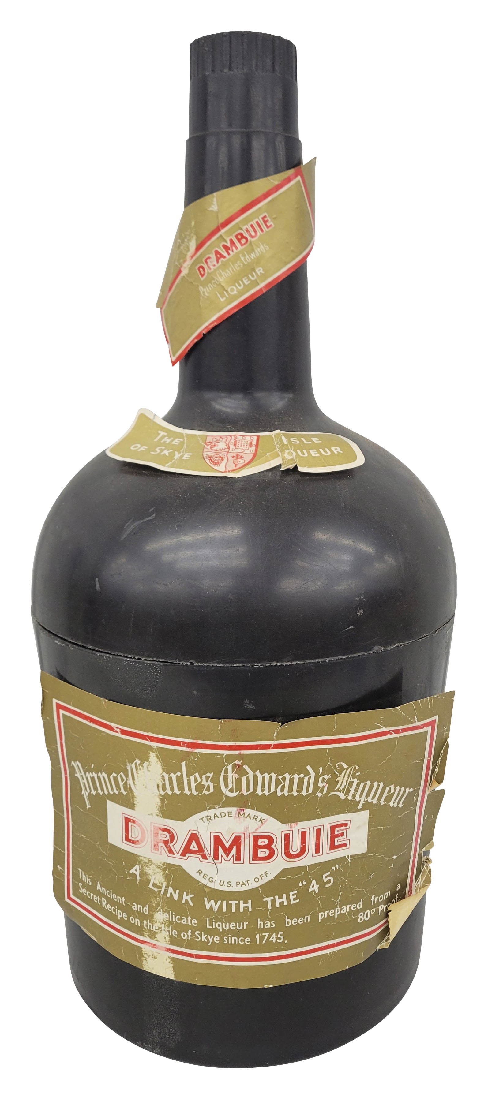 Large Drambuie Prince Charles Edward's Liquer Bottle Cooler: 12" x 26.5" large molded hard plastic display bottle opens and features a cooler on the inside. The bottle has wear with scratches and the paper labels are peeling and have several tears at the edges.