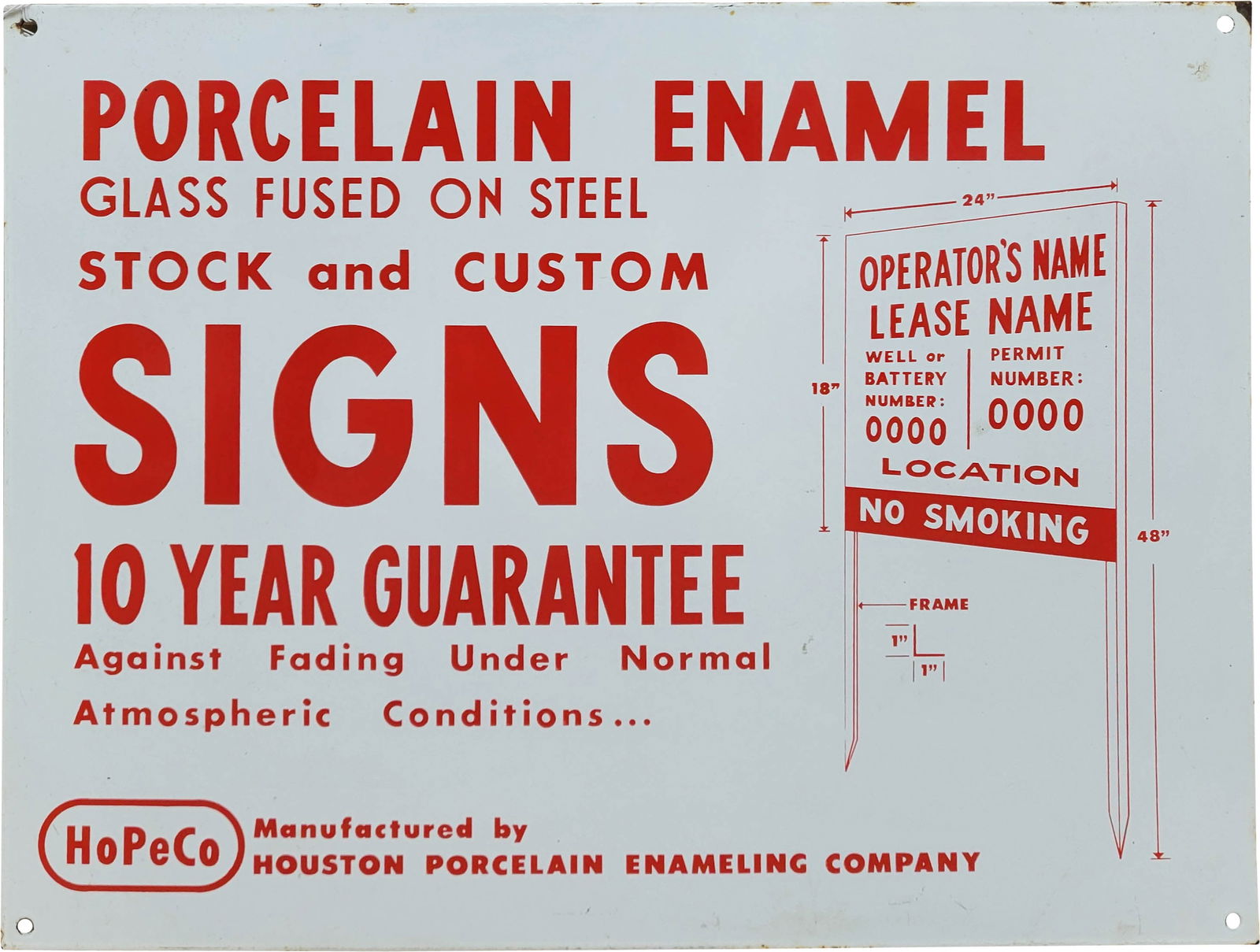 HOPECO Houston Porcelain Enameling Co. SSP Sign: 24" x 18" SSP sign is in excellent condition with bright colors and high shine exhibiting minor scuffs.